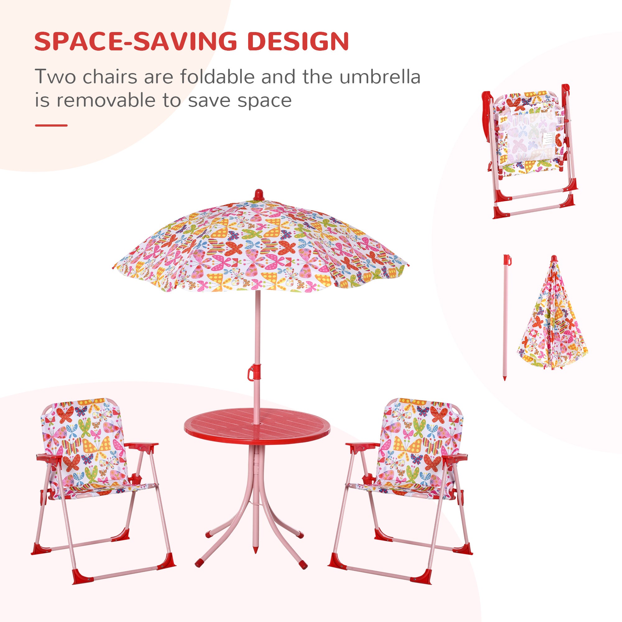 Outsunny Kids Outdoor Bistro Table and Chair Set Butterfly Pattern Garden Patio Backyard with Removable & Height Adjustable Parasol - North Peak Garden Furniture
