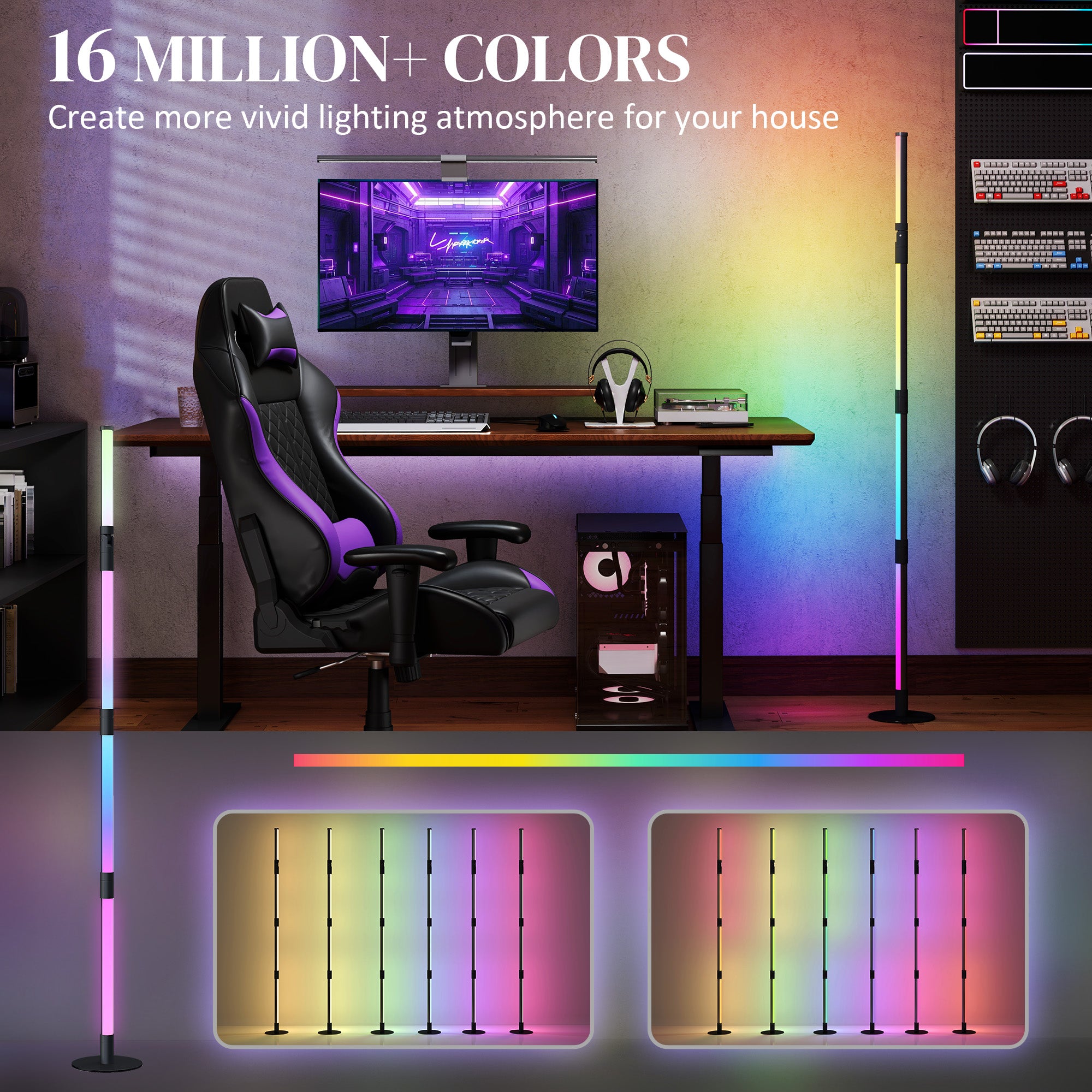 HOMCOM LED Floor Lamp, 360° RGB Detachable Corner Floor Lamp with App & Remote Control, Colour Changing Standing Lamp with Music Sync & Timing, for Living Room, Game Room, Dark Grey - North Peak Garden Furniture