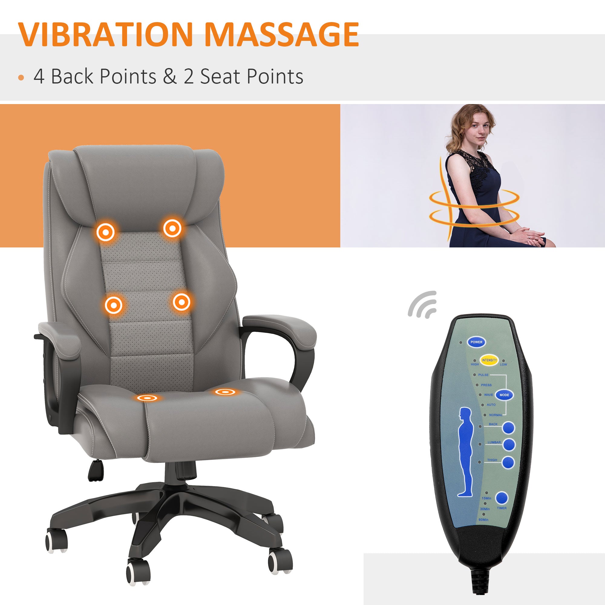 Vinsetto High Back Executive Office Chair 6- Point Vibration Massage Extra Padded Swivel Ergonomic Tilt Desk Seat, Grey - North Peak Garden Furniture