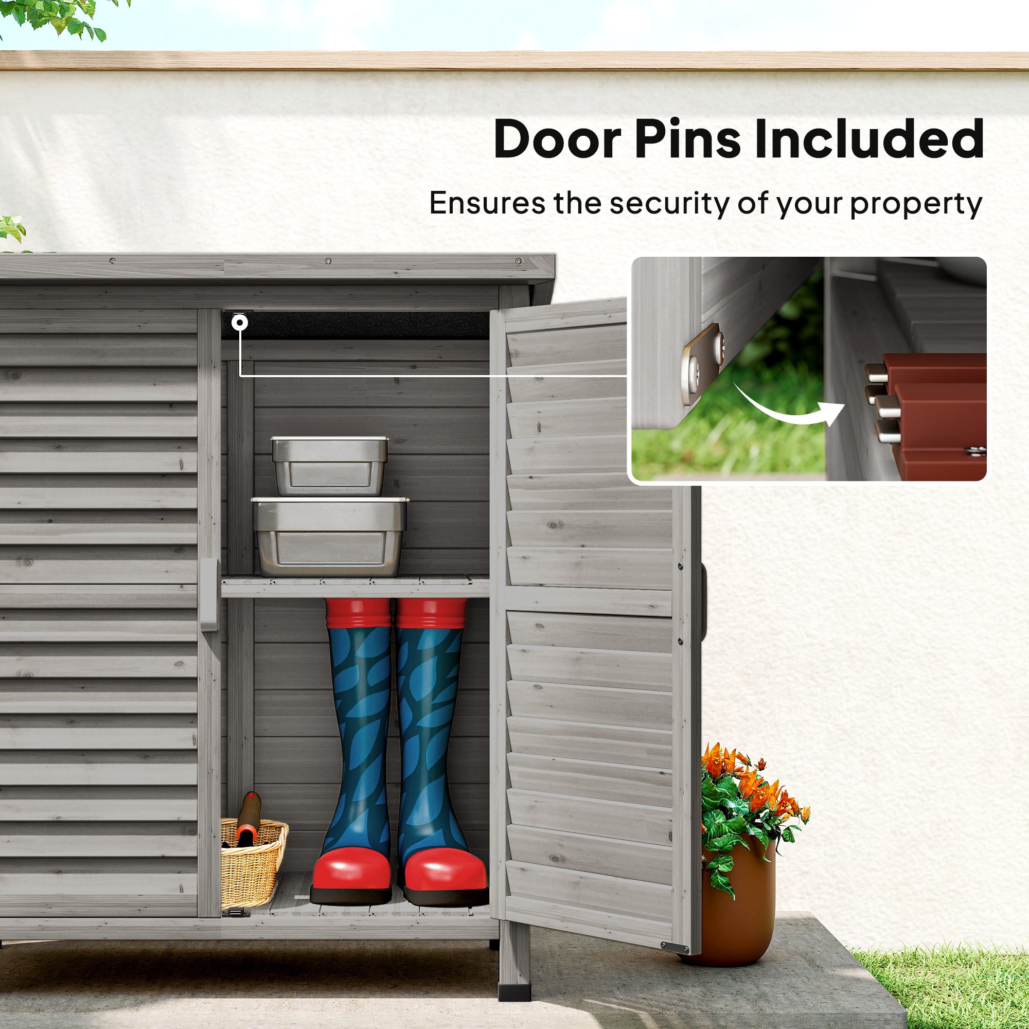 Outsunny Garden Shed Wooden Garden Storage Shed 2 Door Unit Solid Fir Wood Garage Tool Organisation Cabinet, 87L x 46.5W x 96.5Hcm, Grey