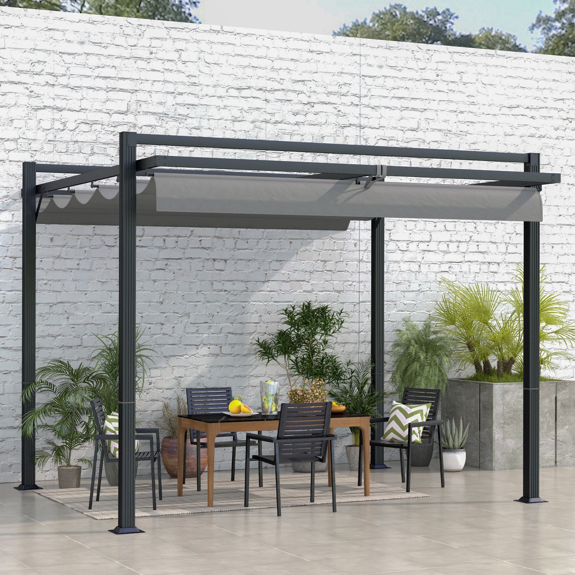 Outsunny 3 x 3(m) Retractable Pergola, Garden Gazebo Shelter with Aluminium Frame, for Grill, Patio, Deck, Dark Grey - North Peak Garden Furniture