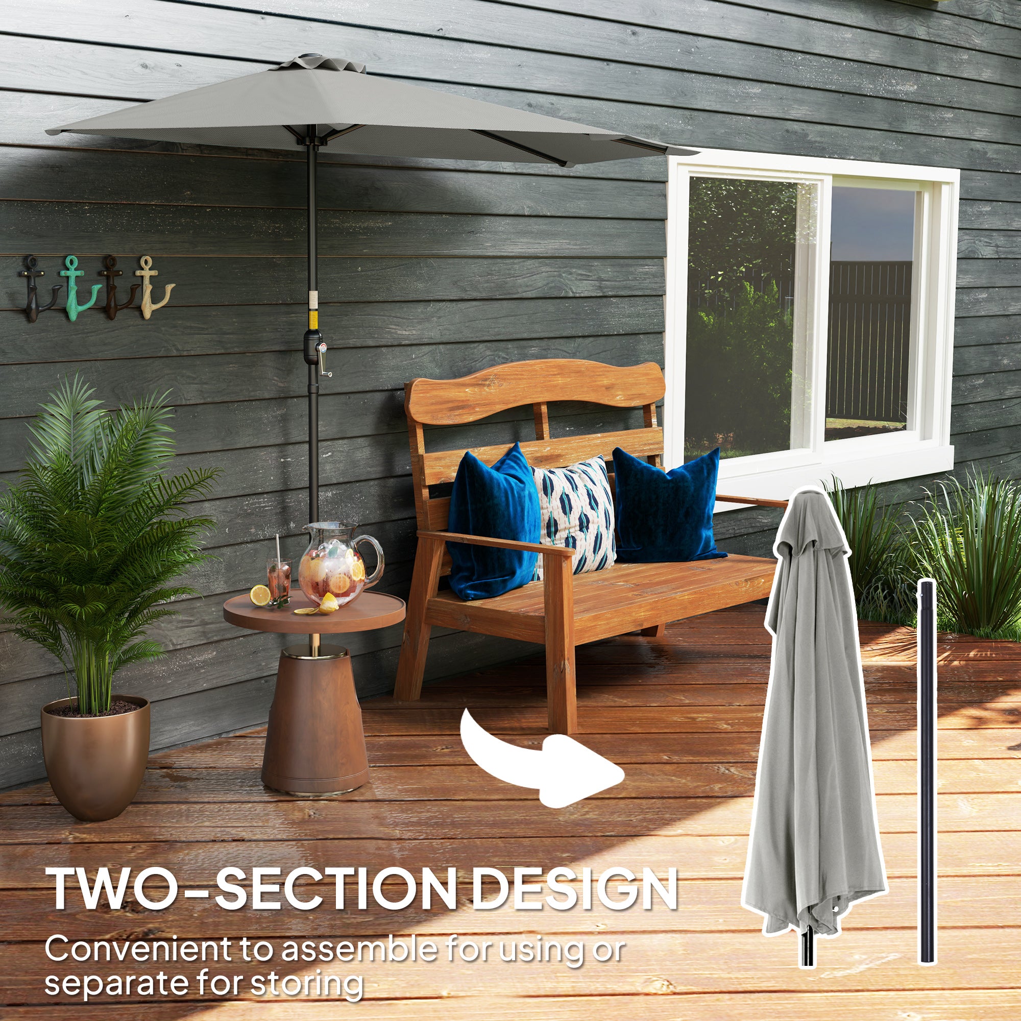 Outsunny Half Round Parasol Umbrella - Light Grey - North Peak Garden Furniture