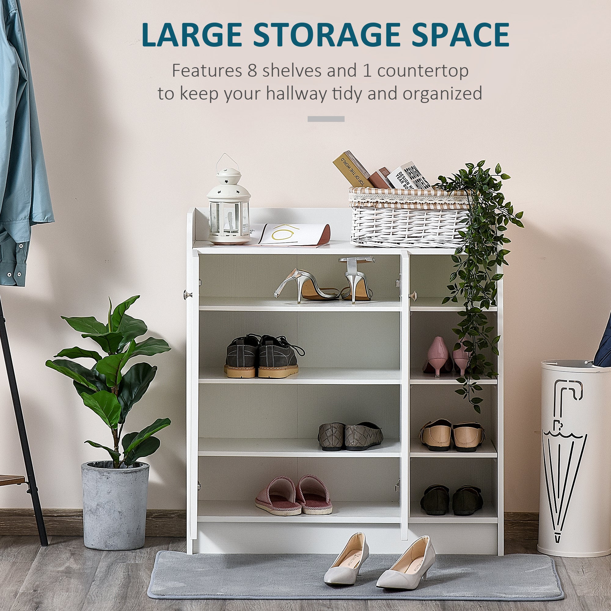 HOMCOM Shoe Storage Cabinet Two Doors w/ Adjustable 4 Shelves Cupboard Footwear Rack Stand Organiser Hallway White - North Peak Garden Furniture