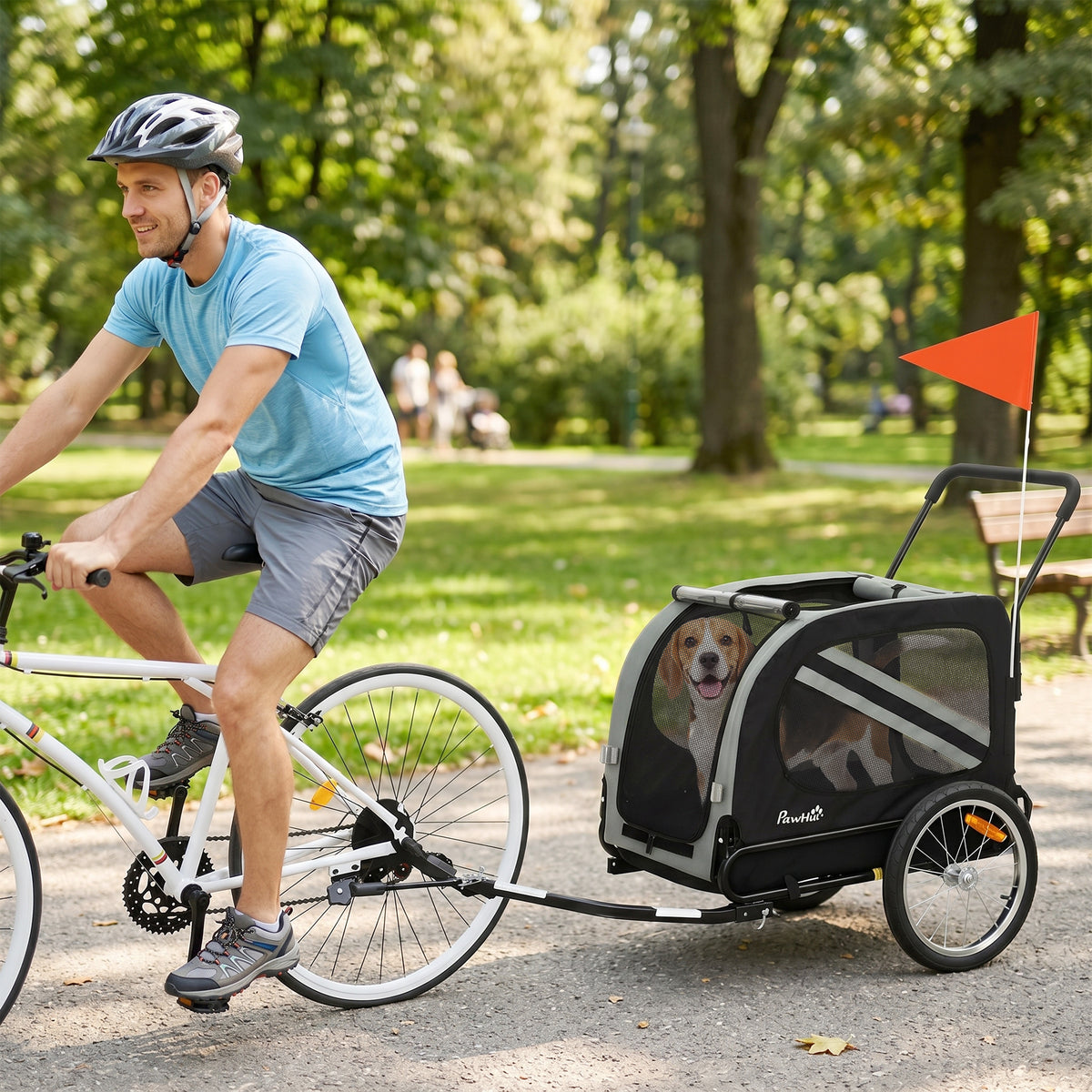 PawHut 2-In-1 Pet Bike Trailer Dog Stroller Pushchair with Universal Wheel Reflector Flag Grey