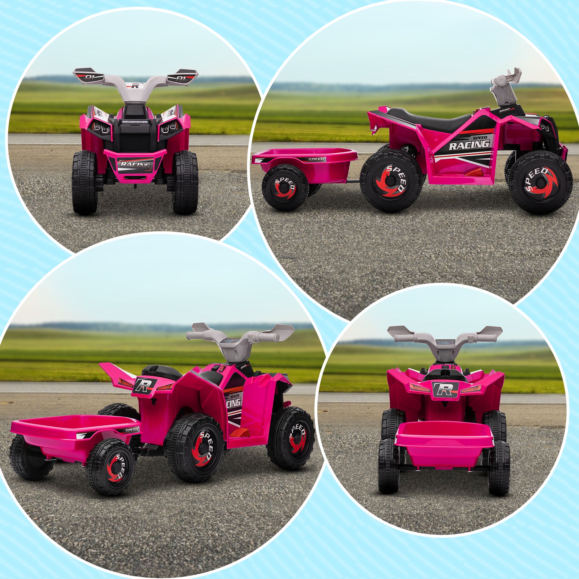 HOMCOM 6V Quad Bike with Back Trailer, Wear-Resistant Wheels, for Ages 18-36 Months, Pink - North Peak Garden Furniture