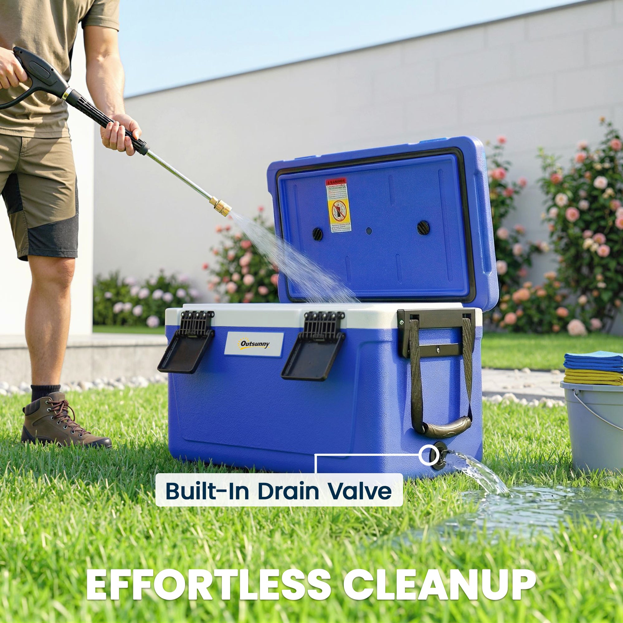Outsunny 42.6L Insulated Cool Box, Lightweight Portable Ice Cooler with Handle, Lid and Drain Valve, Dark Blue