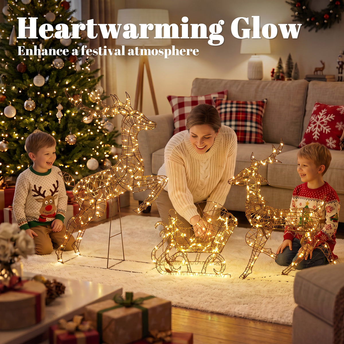 Outsunny 3-Piece Lighted Reindeer and Sleigh Set, PP Rattan Outdoor Christmas Decoration with LEDs, 8 Modes, Daily Timer