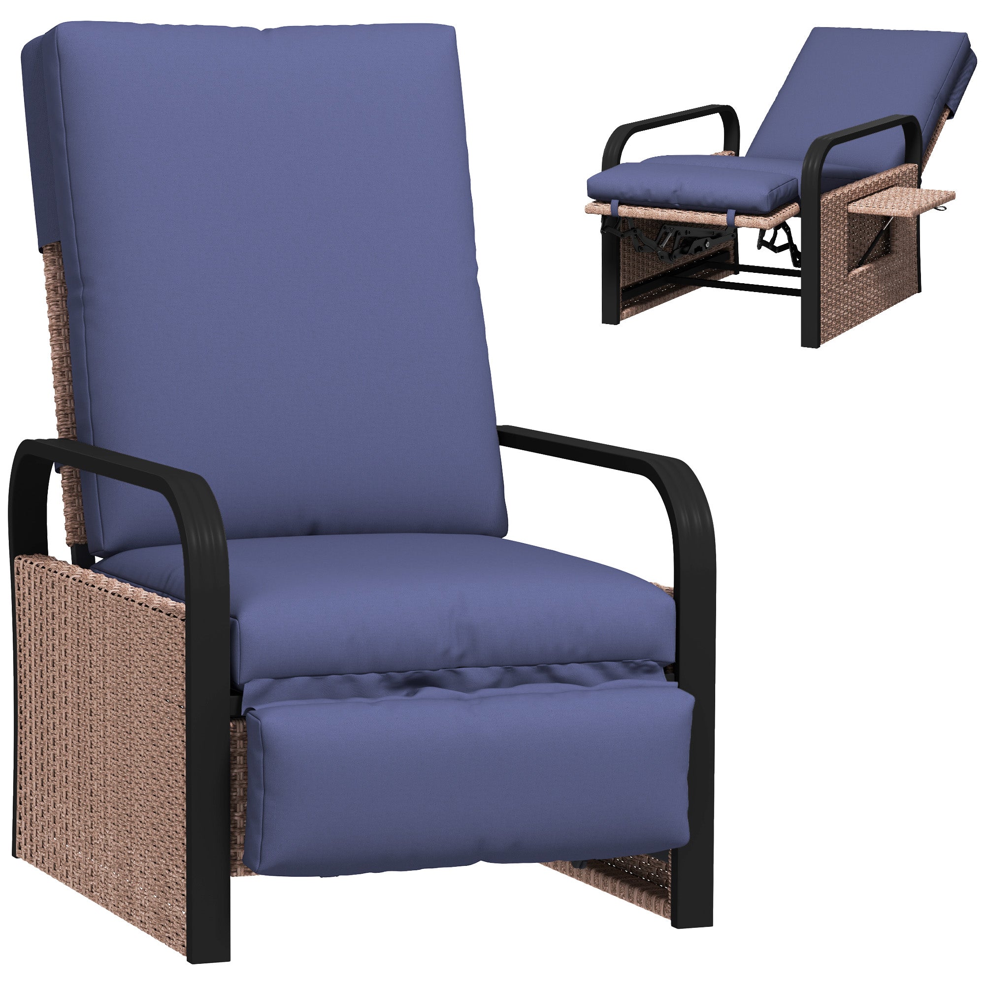 Outsunny 140° Reclining Rattan Armchair - Brown/Blue - North Peak Garden Furniture