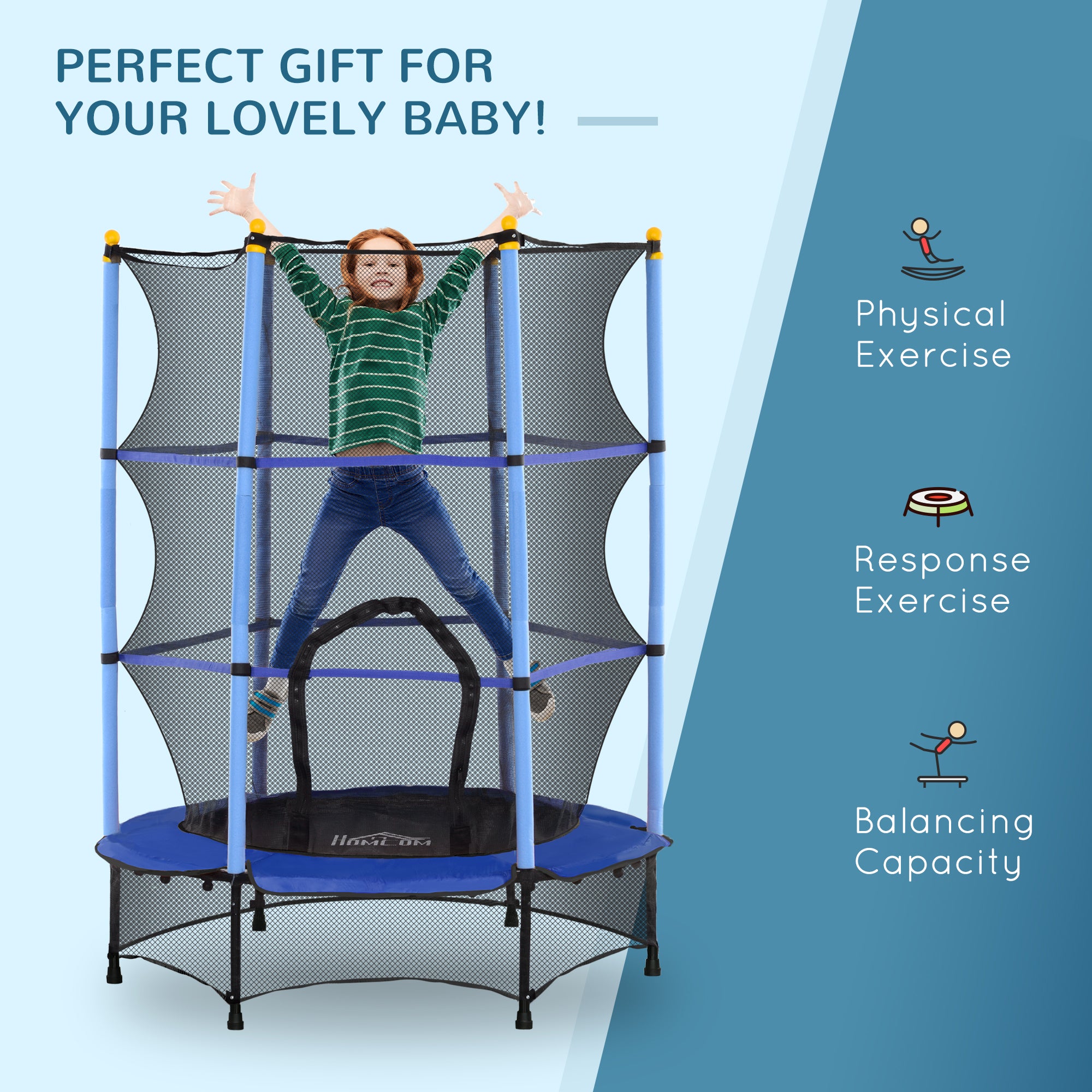 HOMCOM 4.6FT/55" Kids Trampoline with Safety Enclosure, Outdoor Indoor Use, for Ages 3-10 Years, Blue