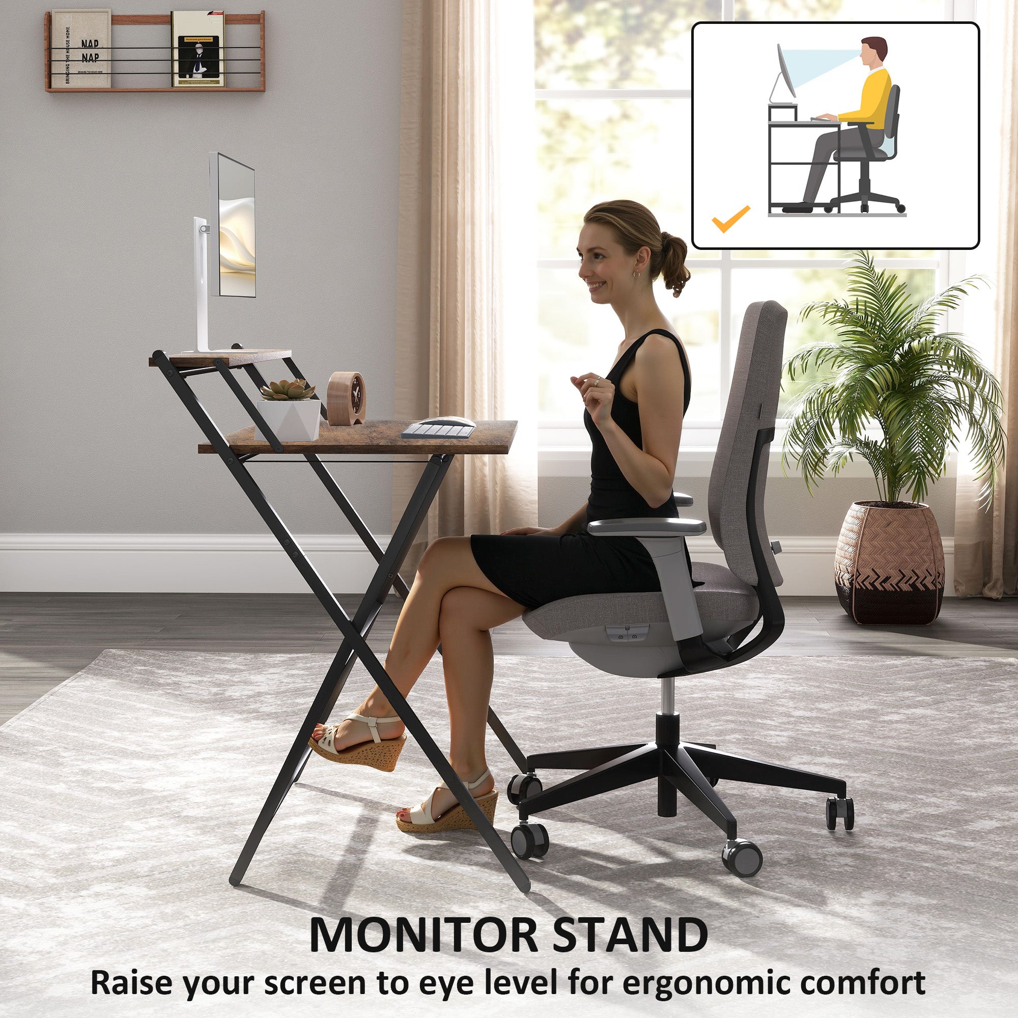 HOMCOM 81.5 cm Folding Computer Desk with Monitor Shelf - Rustic Brown - North Peak Garden Furniture