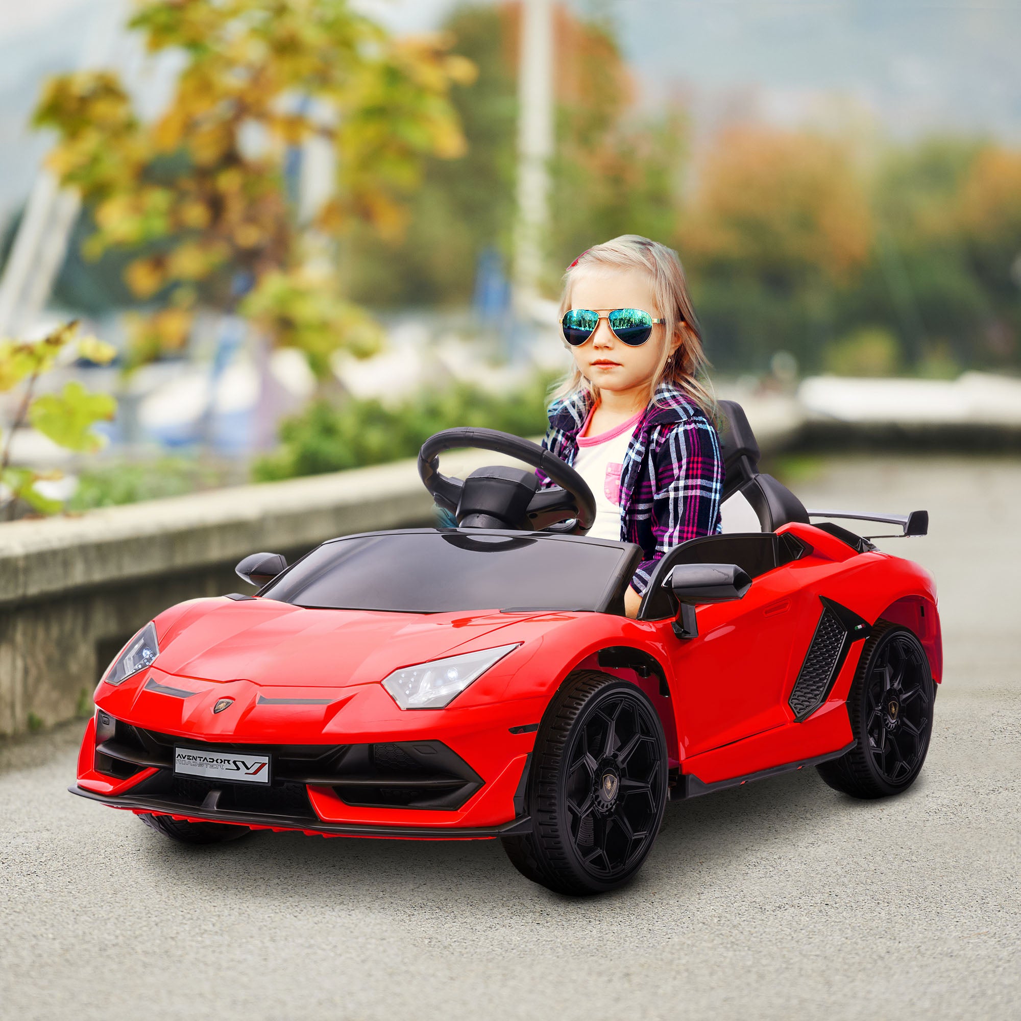 HOMCOM Lamborghini Licensed 12V kids Electric Car w/ Butterfly Doors, Remote, Music, Horn, Suspension - Red - North Peak Garden Furniture