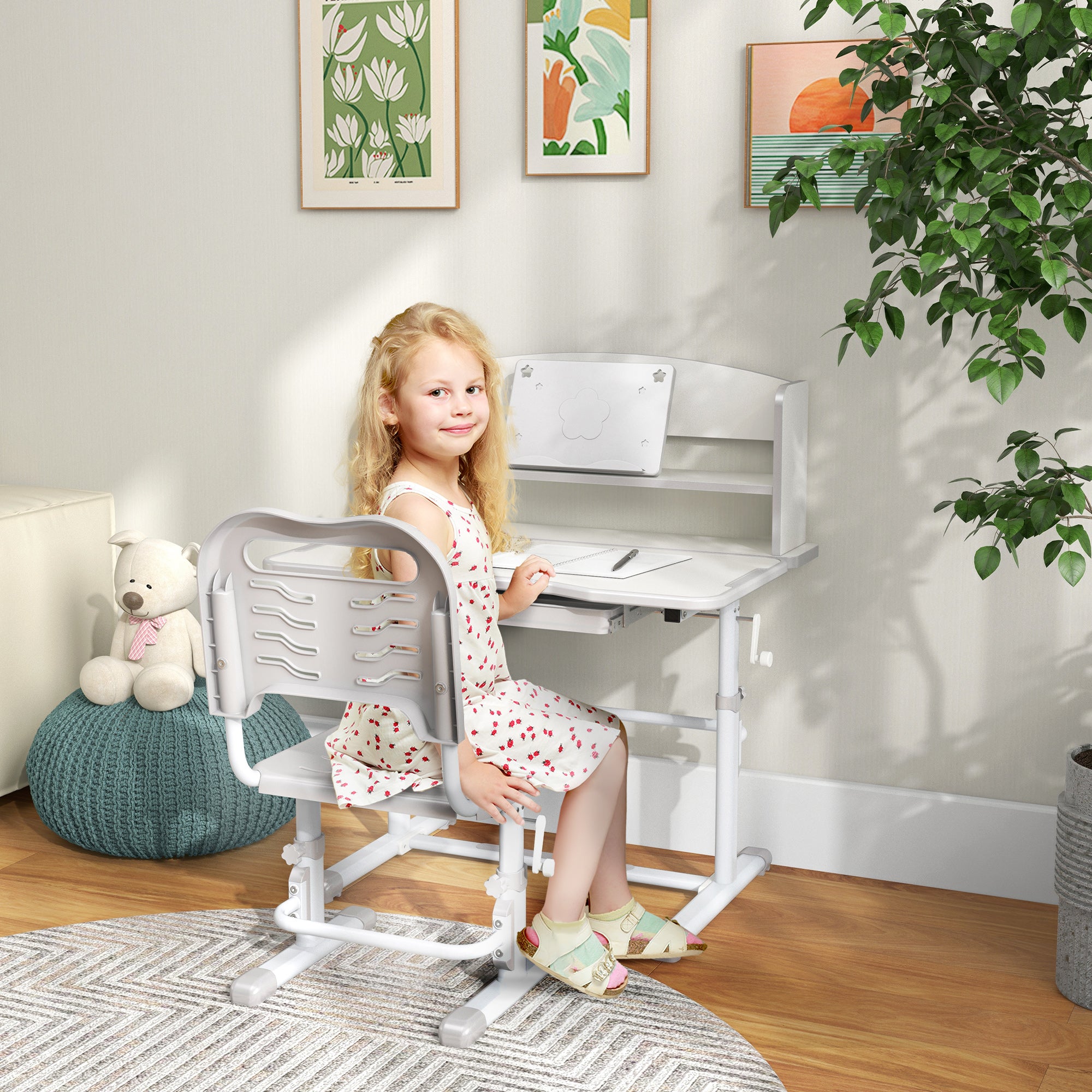 ZONEKIZ Height Adjustable Kids Study Table and Chair Set, with Drawer, Storage Shelf, 80 x 54.5 x 104 cm, Grey - North Peak Garden Furniture
