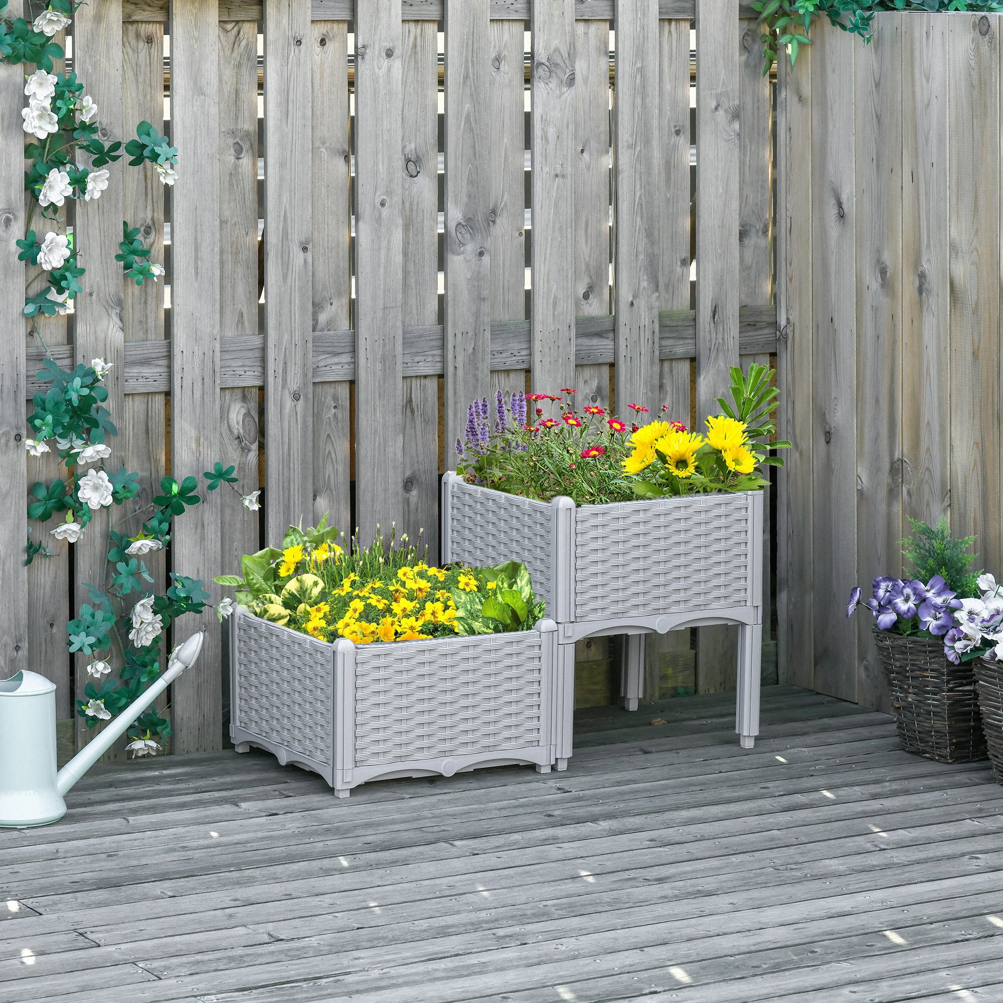 Outsunny 40cm x 40cm x 44cm Set of 2 26L Garden Raised Bed Elevated Patio Flower Plant Planter Box PP Vegetables Planting Container, Grey