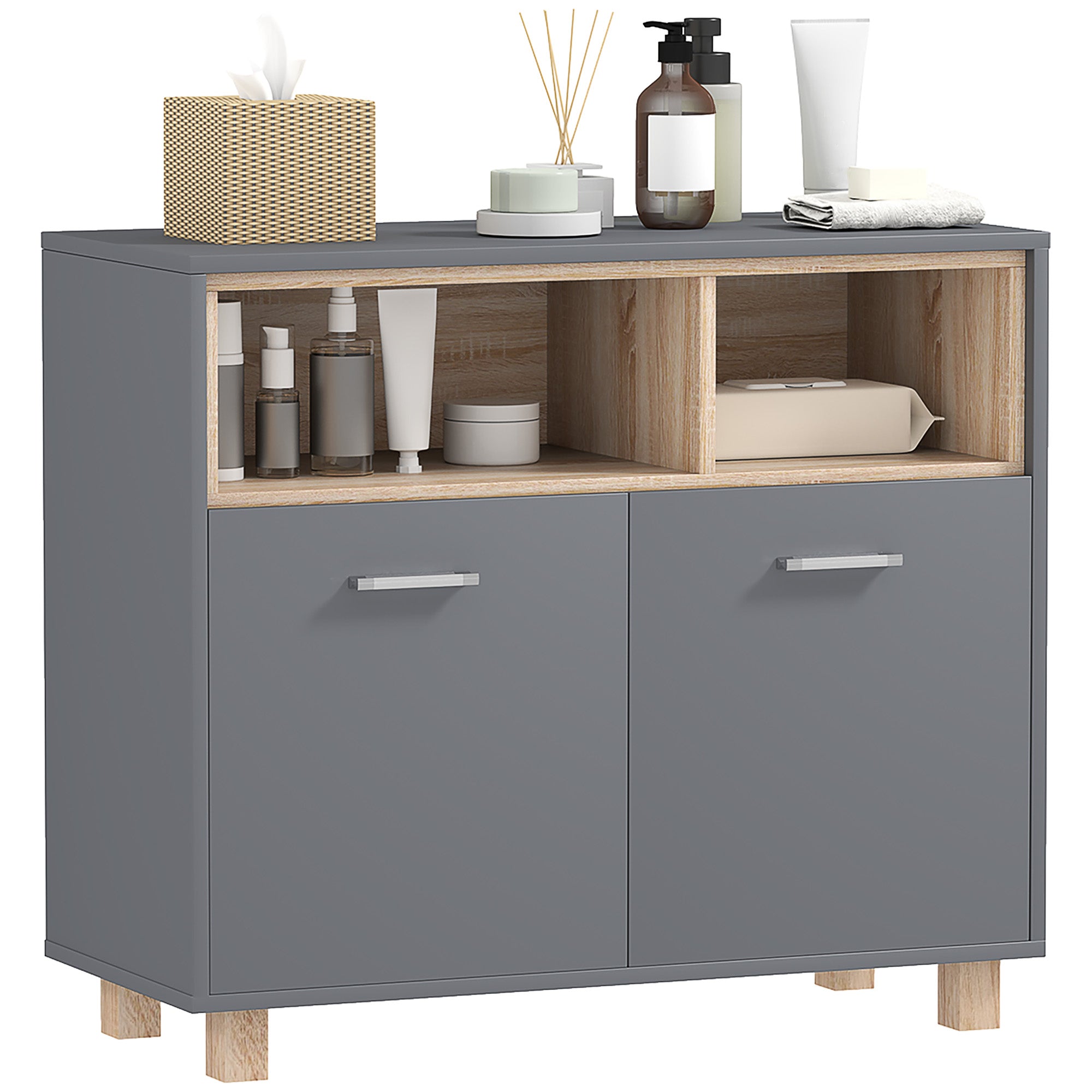 HOMCOM Freestanding Bathroom Cabinet, Bathroom Storage Unit, Bathroom Storage Cabinet with Open Compartments and Double Doors - North Peak Garden Furniture