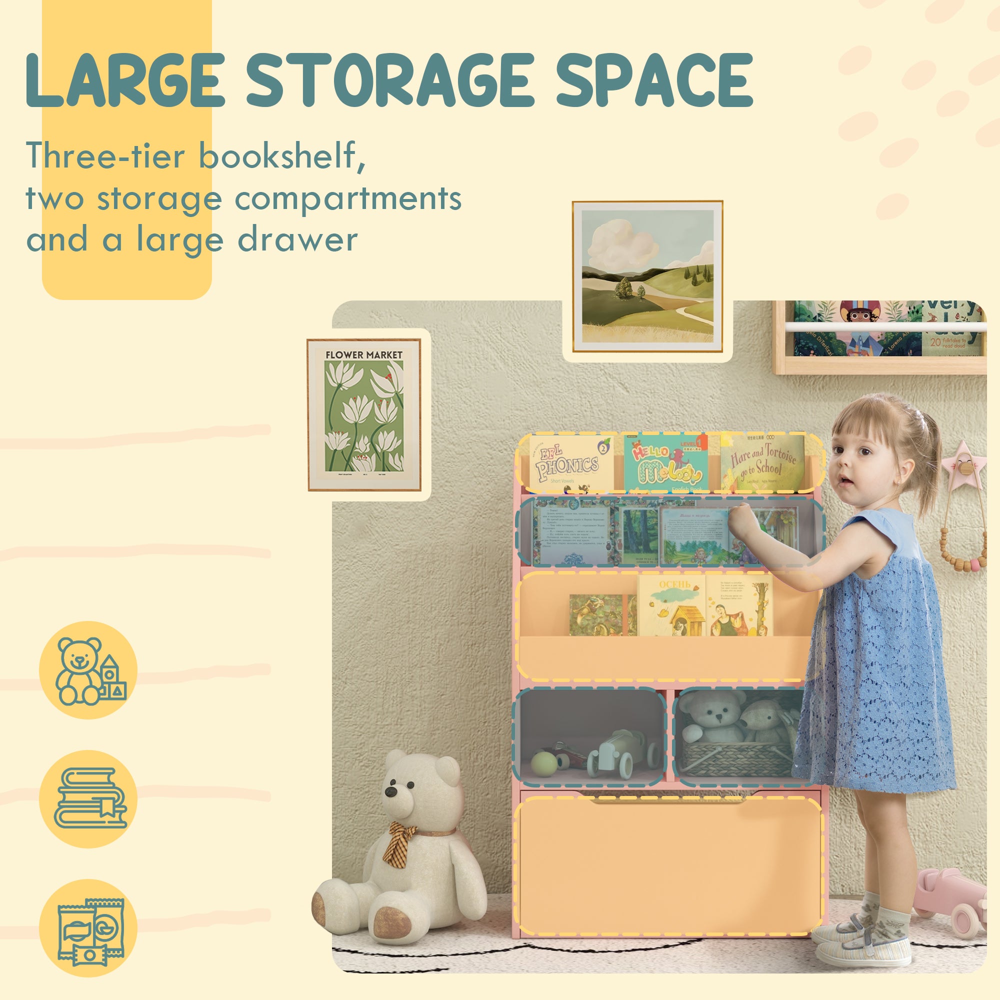 HOMCOM Kids Bookshelf, Toy Organiser, with Storage Drawer, Wheels - Pink - North Peak Garden Furniture