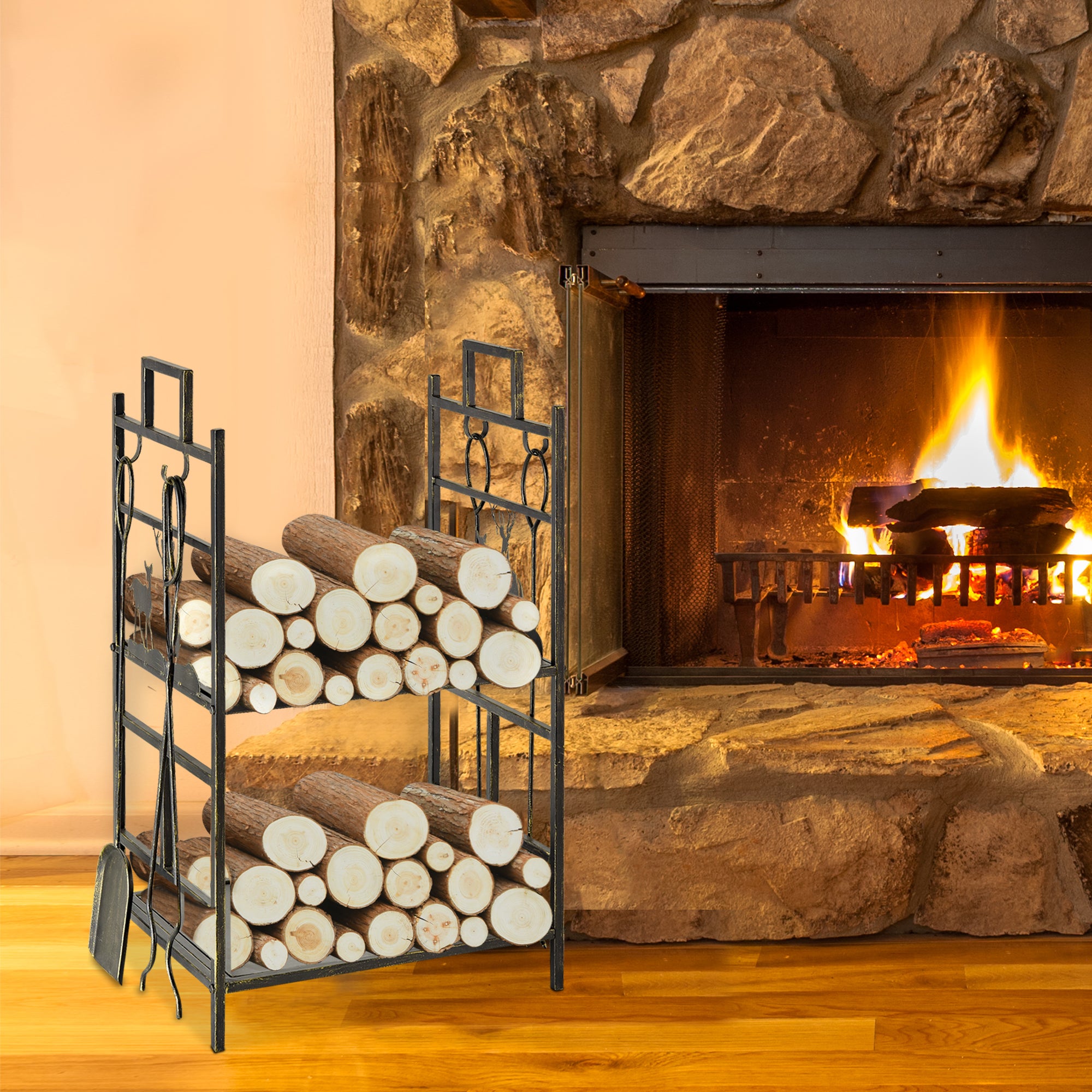 Outsunny Metal Firewood Log Holder 2 Tier Firewood Rack Indoor Outdoor Fireplace Wood Storage Shelf with 4 Tools, Hooks, Elk Shape Design, Black Gold Tone, 51.5W x 33D x 77H cm - North Peak Garden Furniture