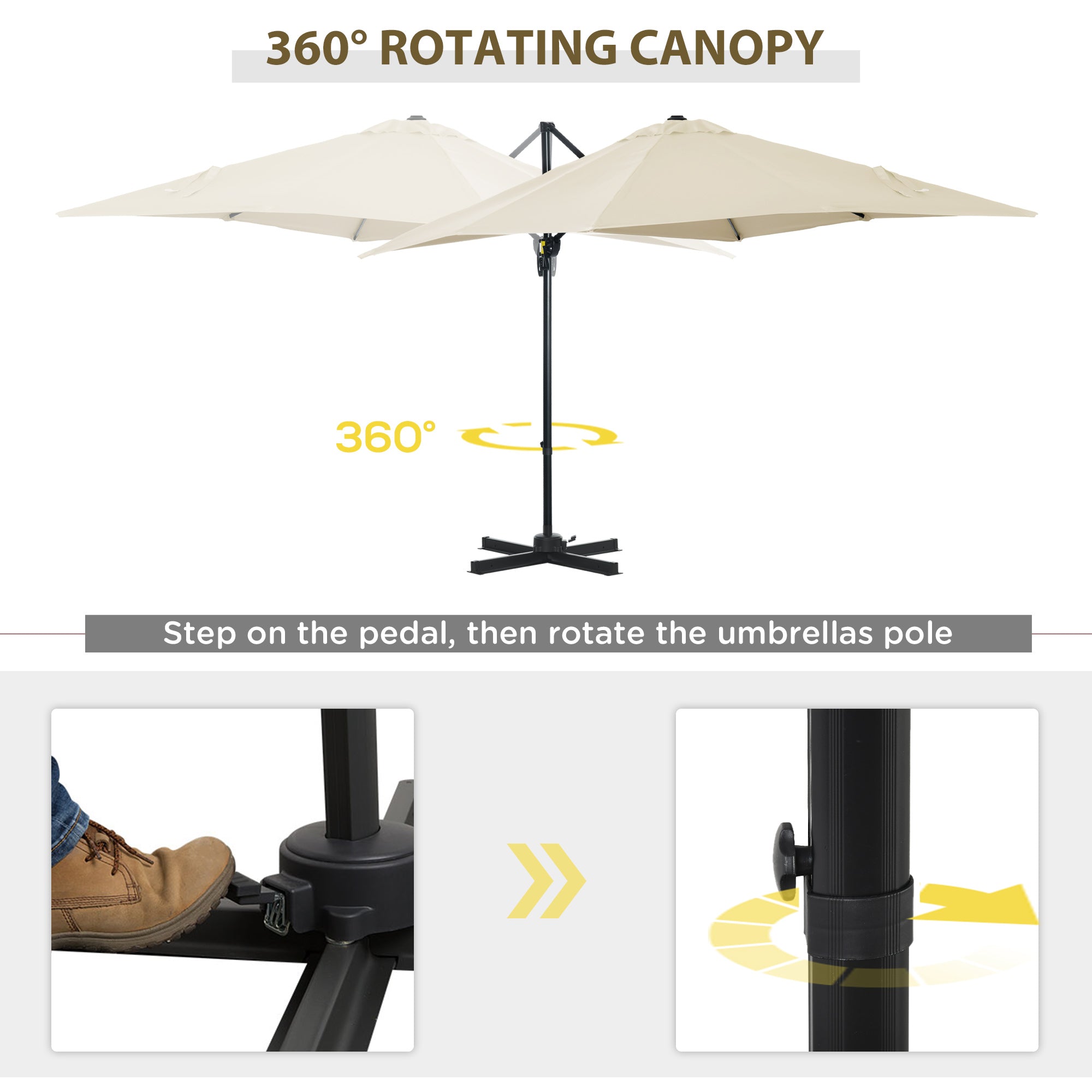 Outsunny 2.5 x 2.5m Patio Offset Parasol Umbrella Cantilever Hanging Aluminium Sun Shade Canopy Shelter 360° Rotation with Crank Handle and Cross Base, Cream White