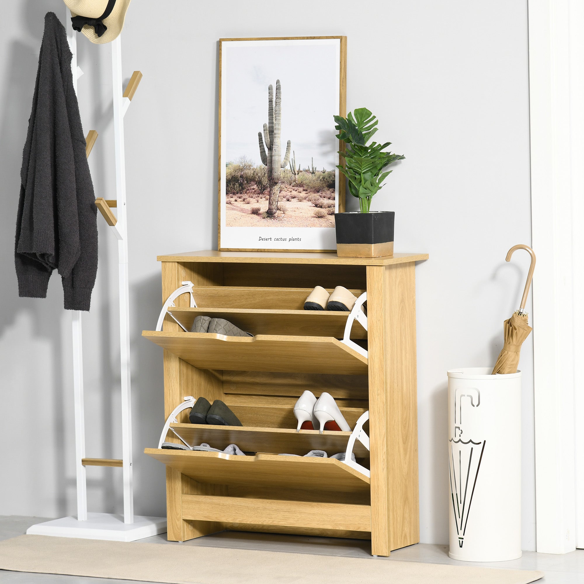 HOMCOM Narrow Shoe Cabinet, Space Saving Shoe Storage Cabinet with 2 Flip Drawers and Adjustable Shelves for 12 Pairs of Shoes for Hallways and Living Room, Natural Wood Finish - North Peak Garden Furniture
