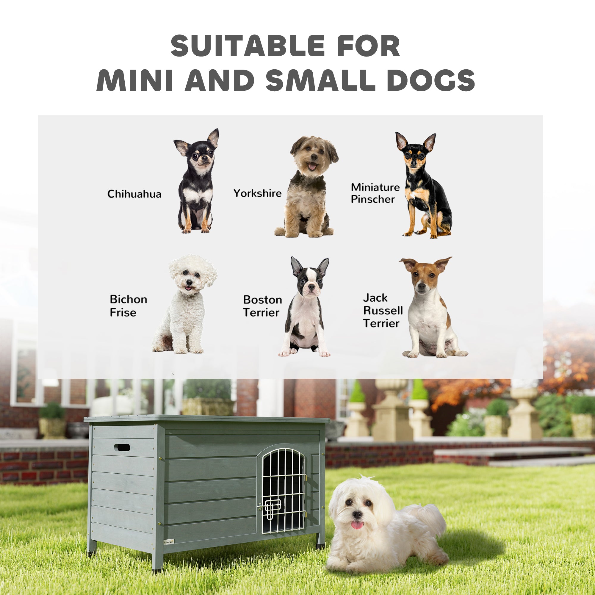 PawHut Wooden Dog House with Removable Bottom, Wire Door, Openable Top, Pet Shelter for Small Dog, 80 x 55 x 53.5cm, Dark Grey - North Peak Garden Furniture