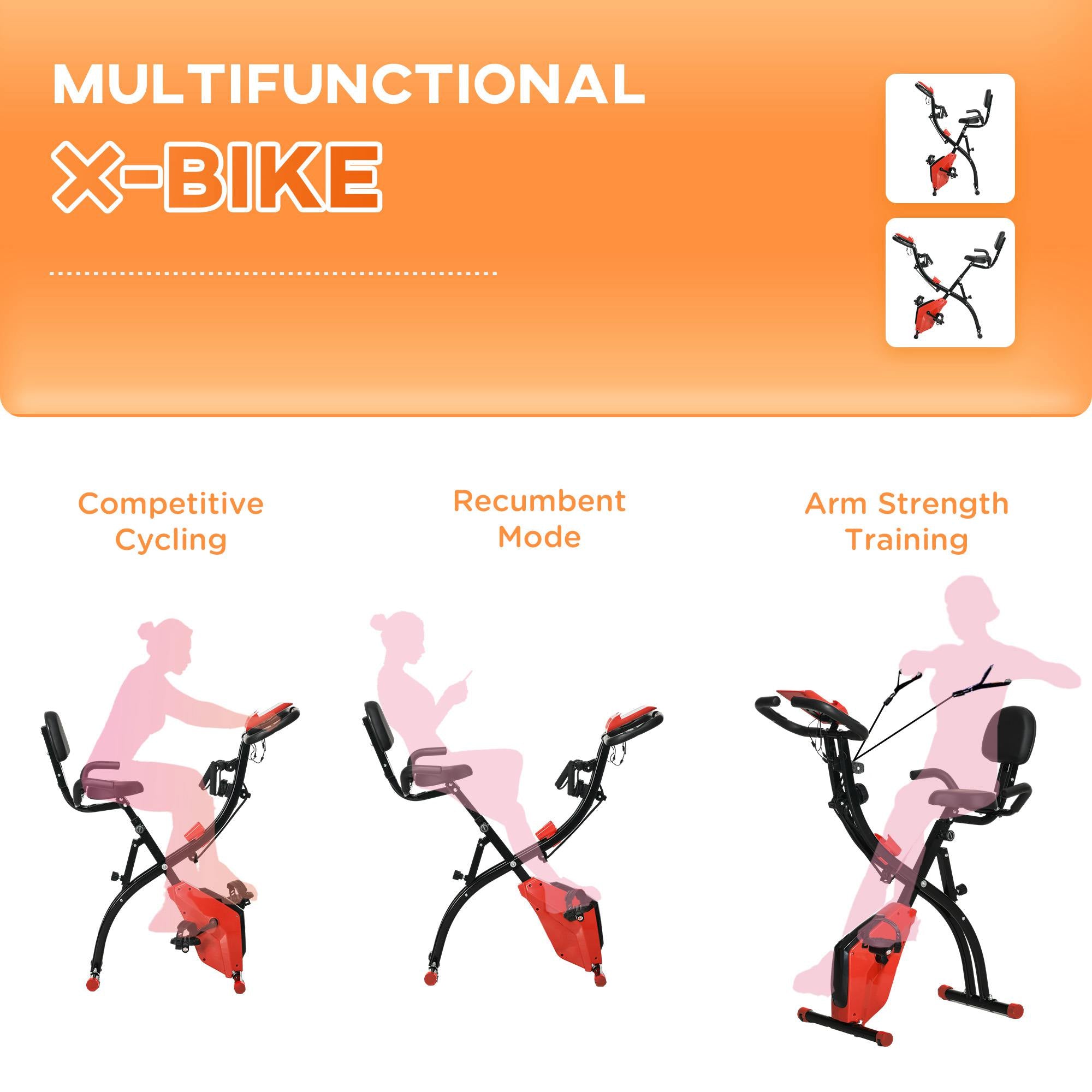 HOMCOM 2-in-1 Folding Exercise Bike with 8-Level Magnetic Resistance, Arm Resistance Band, Pulse Sensor, Red - North Peak Garden Furniture