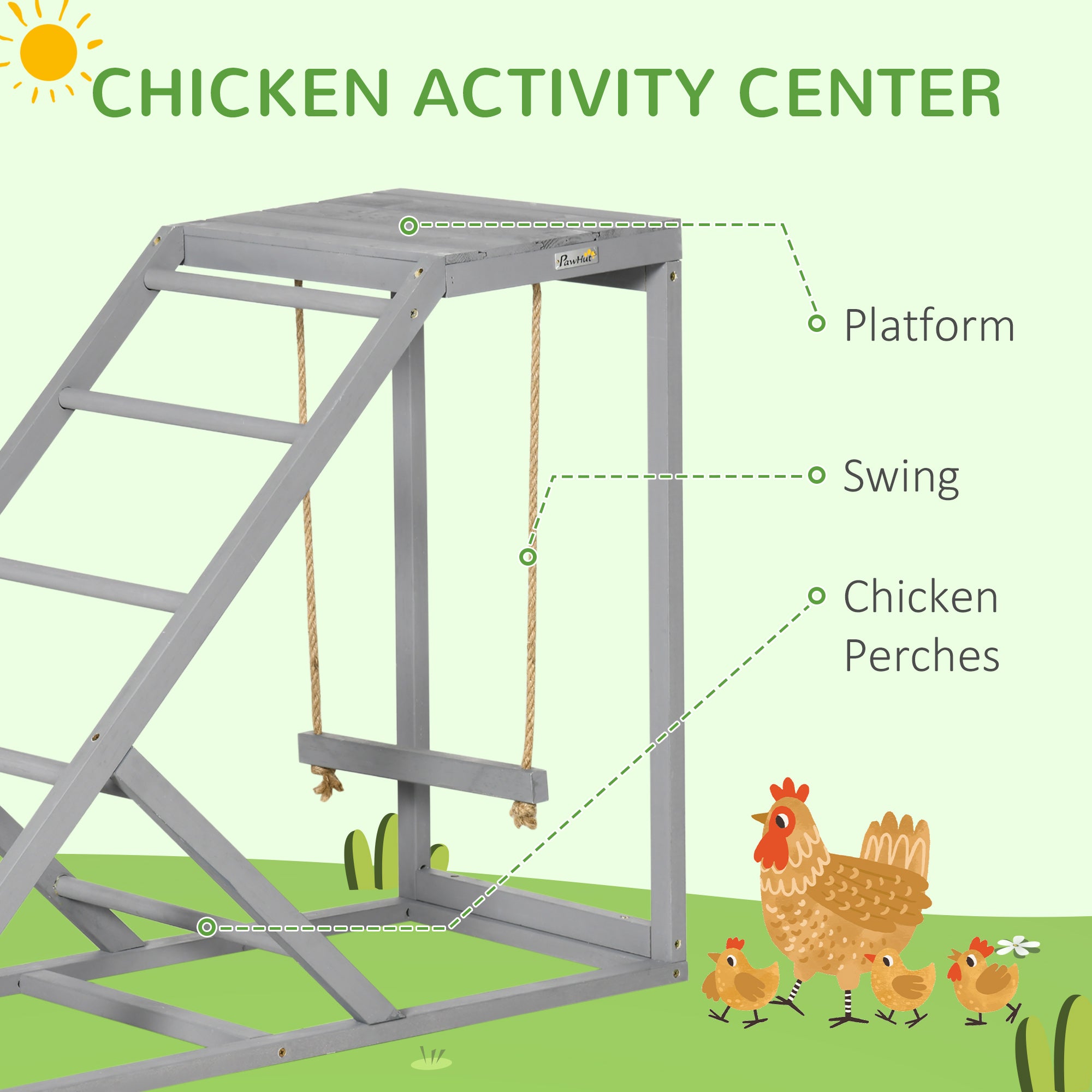 PawHut Wooden Chicken Coop Toy with Swing, Ladder, Platform, Grey - North Peak Garden Furniture