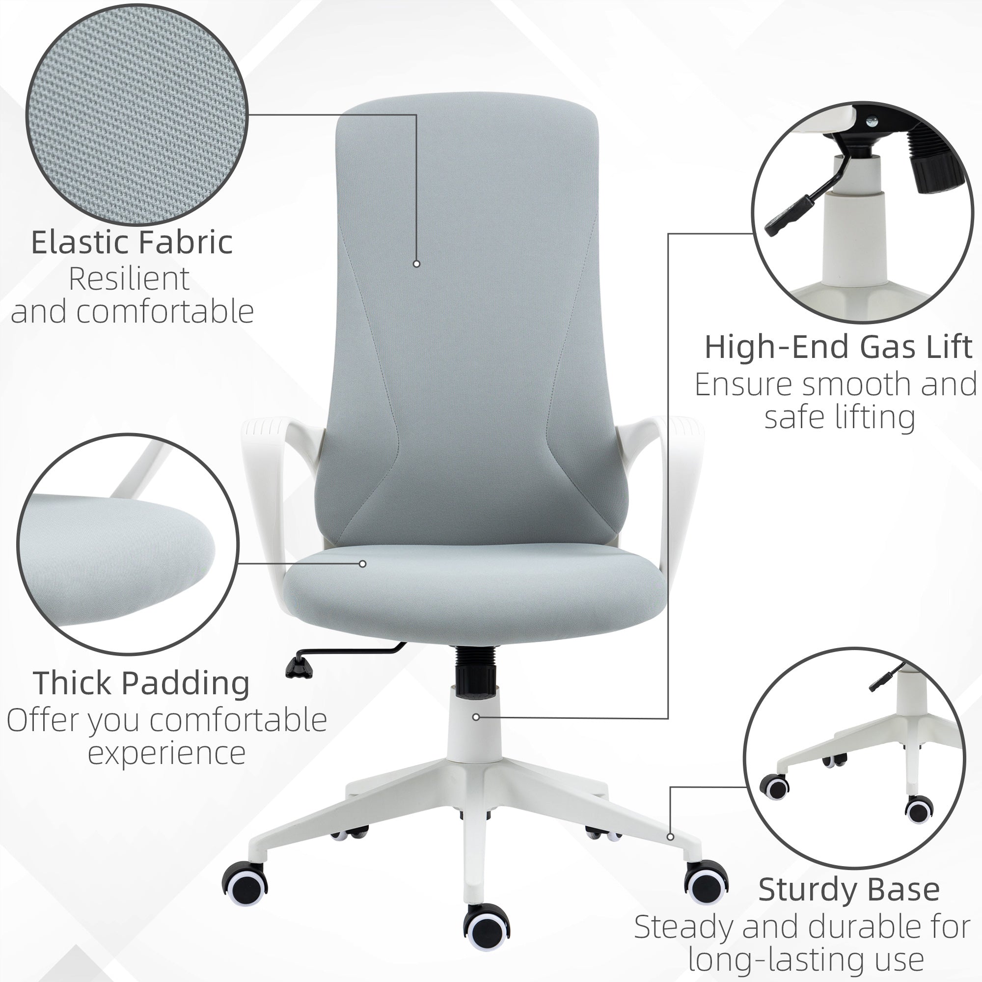 Vinsetto High Back Office Chair, Fabric Desk Chair with Armrests, Adjustable Height, Swivel Wheels, Light Grey - North Peak Garden Furniture