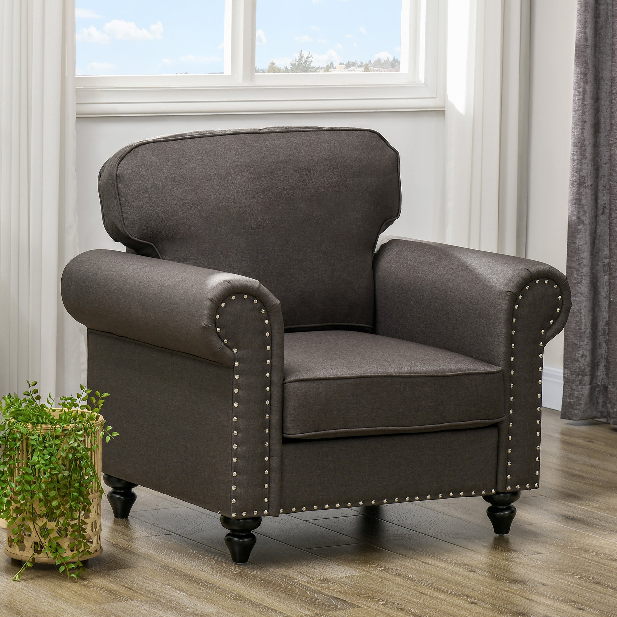 HOMCOM Mid-Century Armchair, with Pocket Springs - Dark Brown - North Peak Garden Furniture