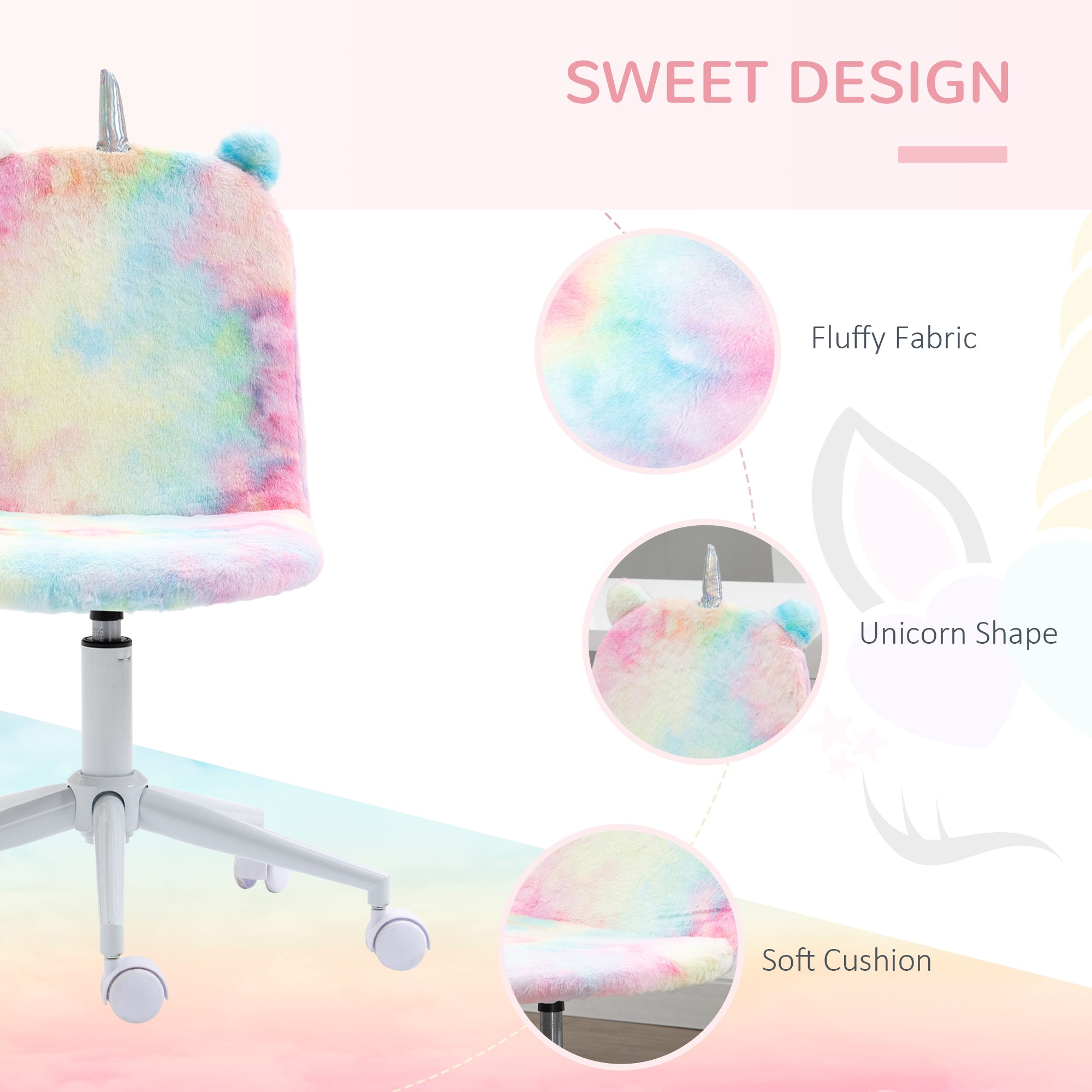 Vinsetto Fluffy Unicorn Office Chair with Mid-Back and Swivel Wheel, Cute Desk Chair, Rainbow Multi-Colored - North Peak Garden Furniture