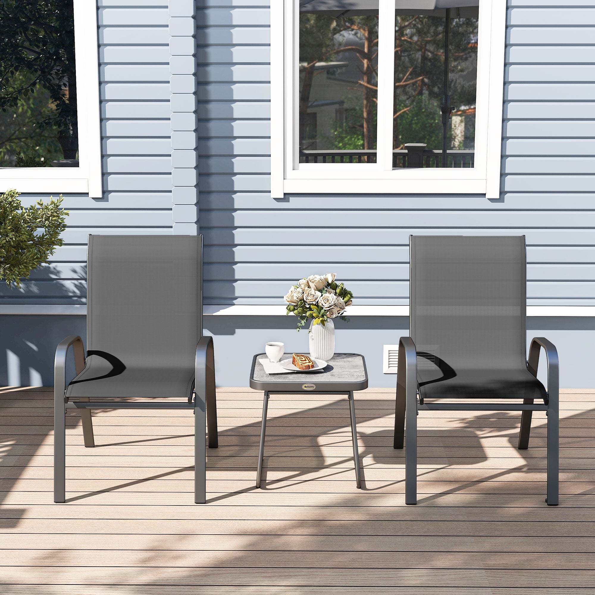 Outsunny 3 Pieces Outdoor Bistro Set, Patio Stackable Armchairs with Breathable Mesh Fabric and SPC Board Coffee Table, Black - North Peak Garden Furniture