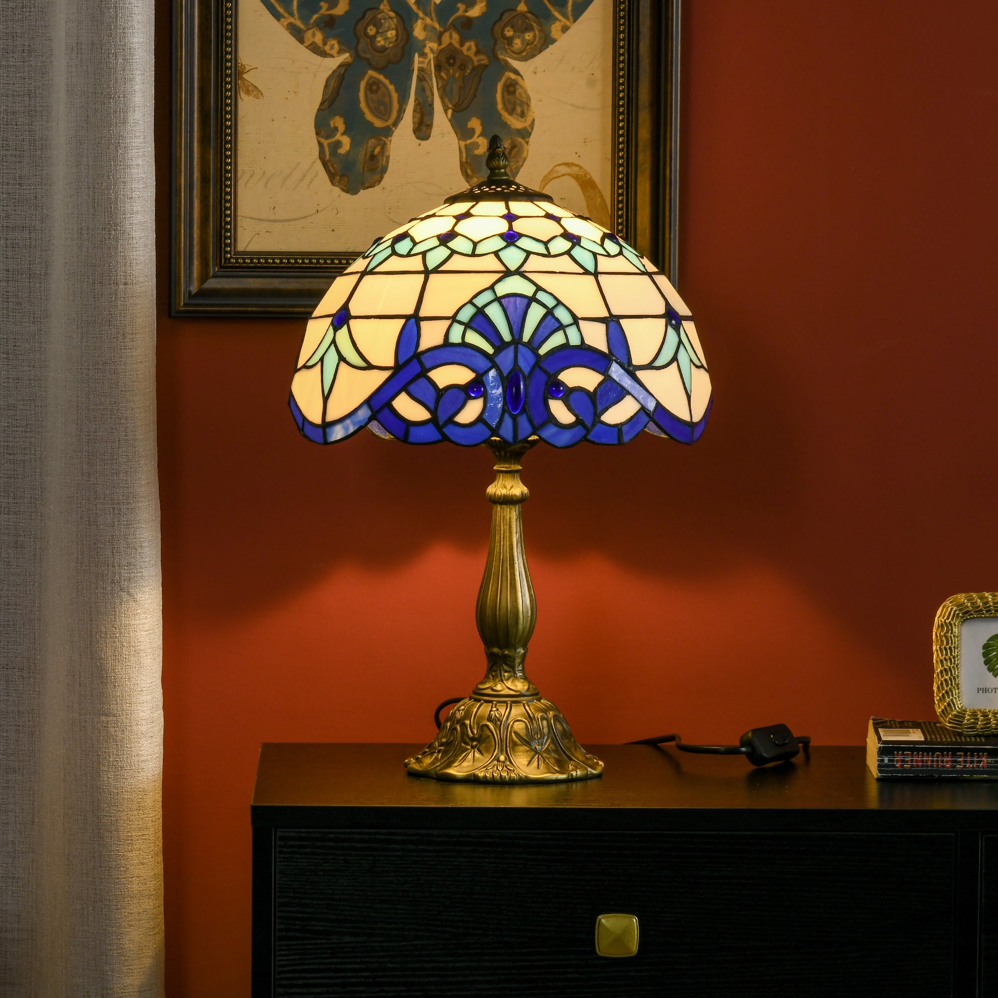 HOMCOM Stained Glass Table Lamp, Handmade Antique Bedside Lamp for Bedroom, Living room, Home, Nightstand, Decorative Night Light, Blue - North Peak Garden Furniture