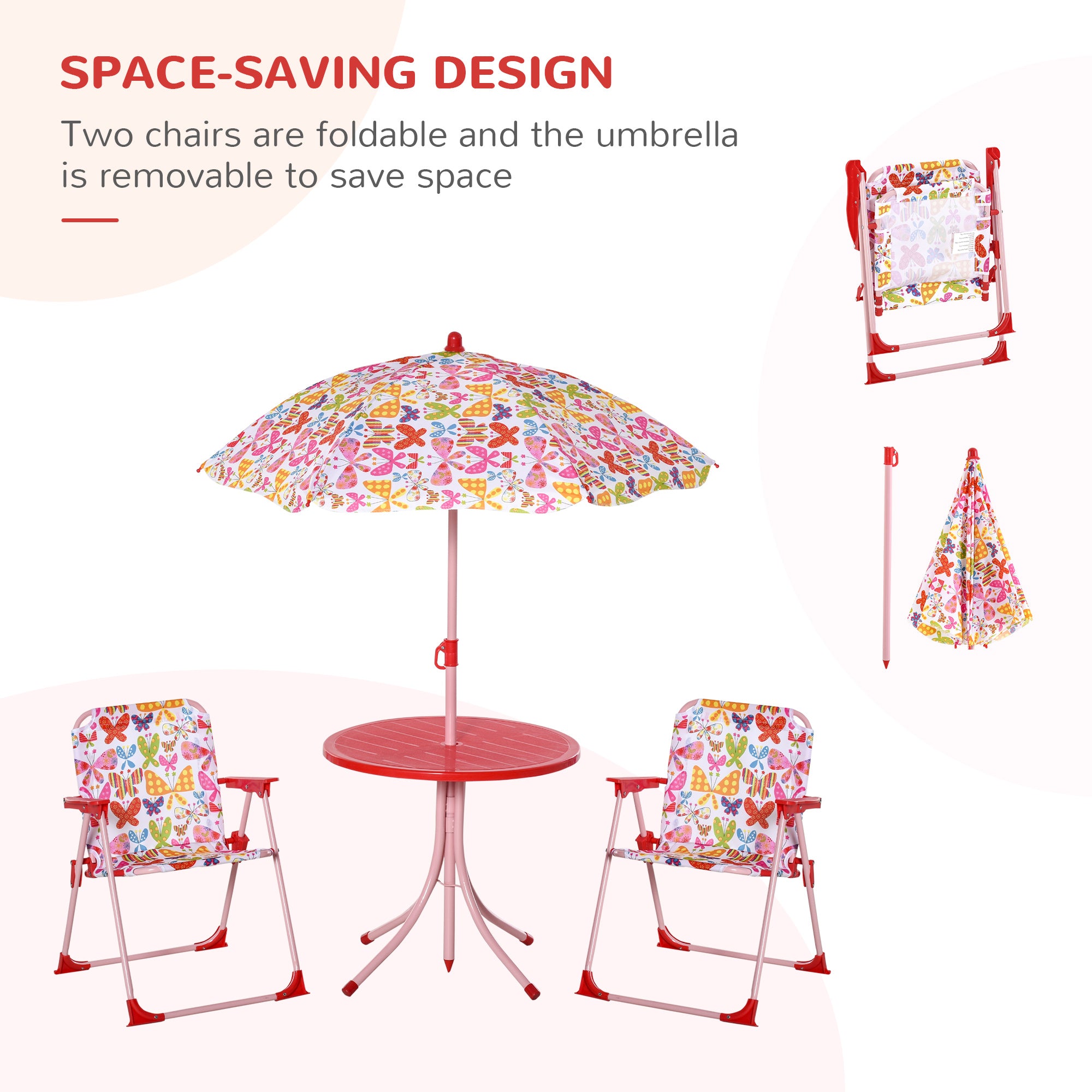 Outsunny Kids Outdoor Bistro Table and Chair Set Butterfly Pattern Garden Patio Backyard with Removable & Height Adjustable Parasol