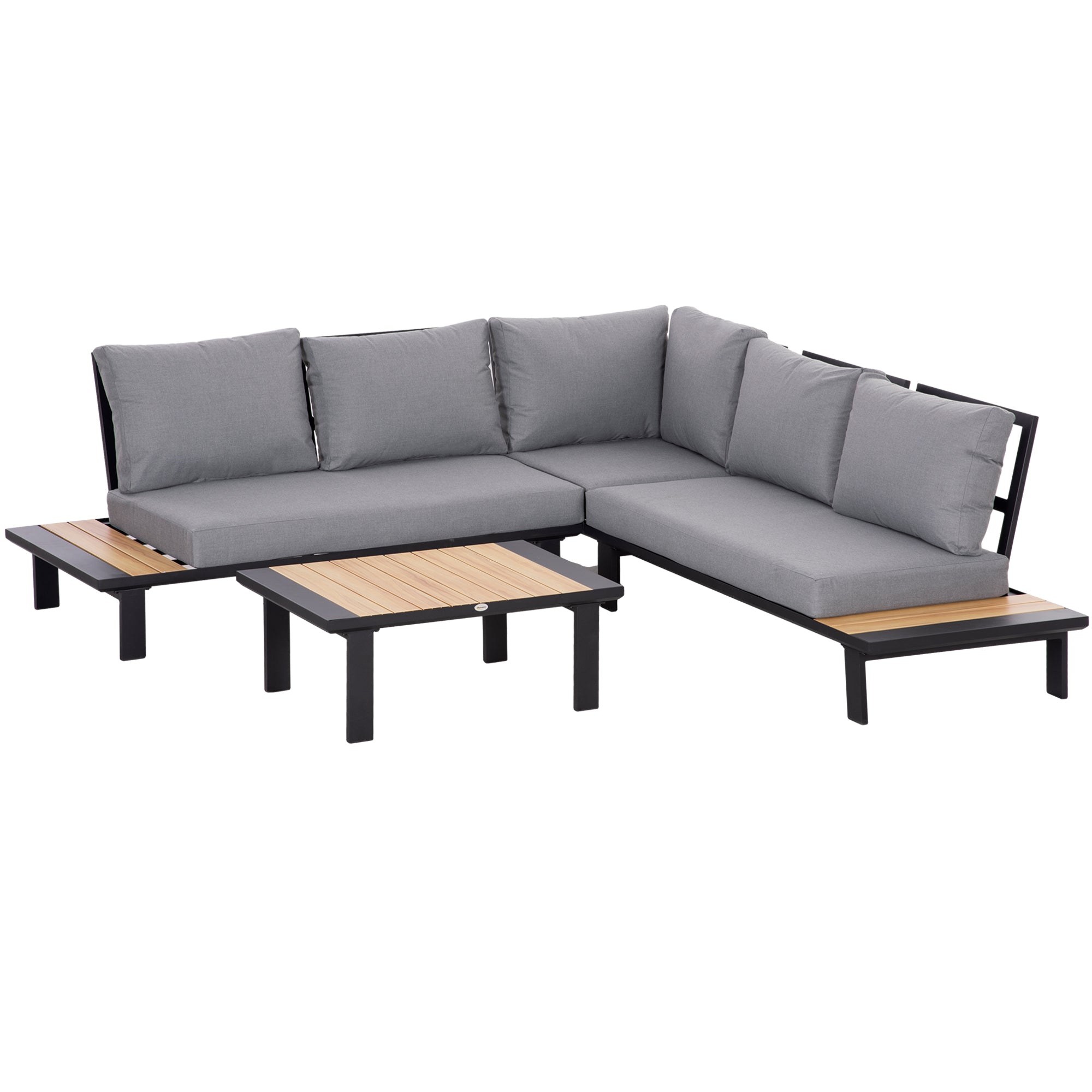 Outsunny 4 Pieces Aluminium Garden Furniture Set L Shape Sofa Set with Tables, Cushions for Indoor, Garden, Patio, Dark Grey - North Peak Garden Furniture
