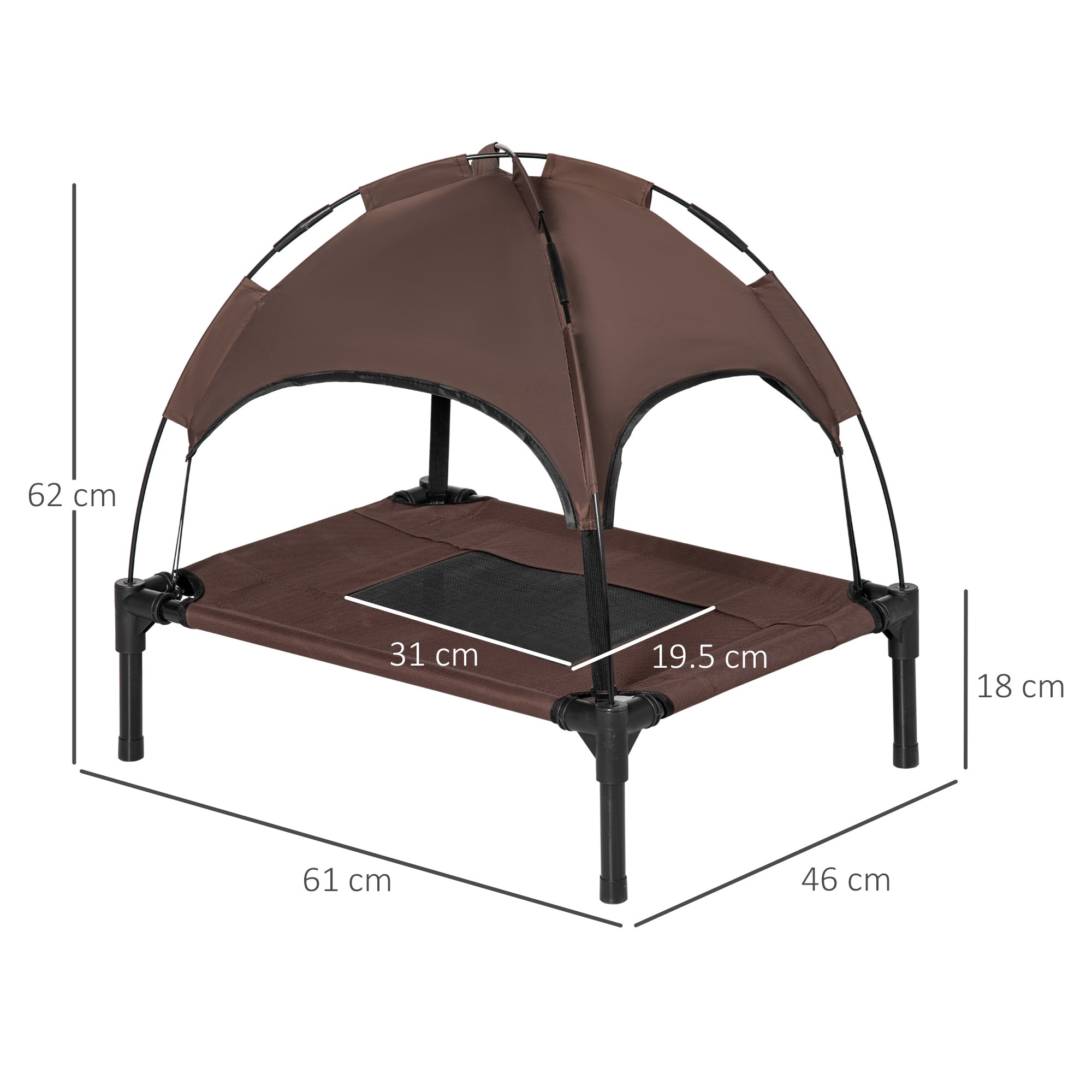 PawHut Raised Dog Bed Waterproof Elevated Pet Cot with Breathable Mesh UV Protection Canopy Coffee, for Small Dogs, 61 x 46 x 62cm - North Peak Garden Furniture