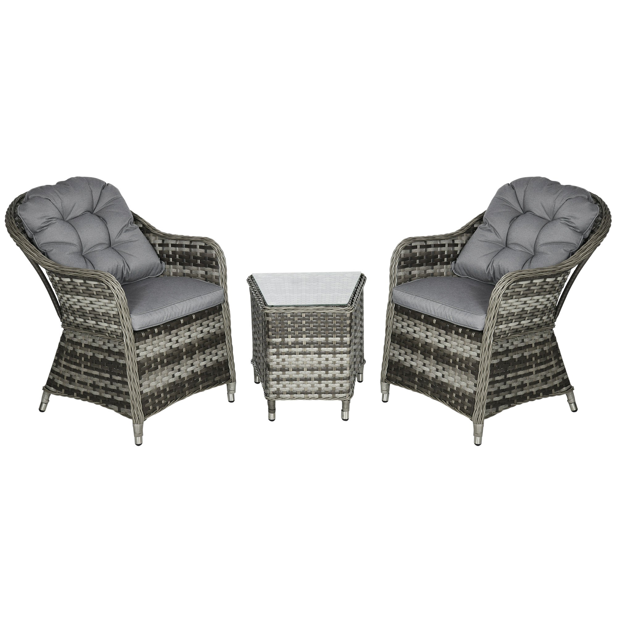 Outsunny 3 Pieces Rattan Bistro Set, Wicker Garden Furniture Set, Glass Top Coffee Table and Chairs with Cushions for Outdoor, Patio, Balcony, Grey - North Peak Garden Furniture