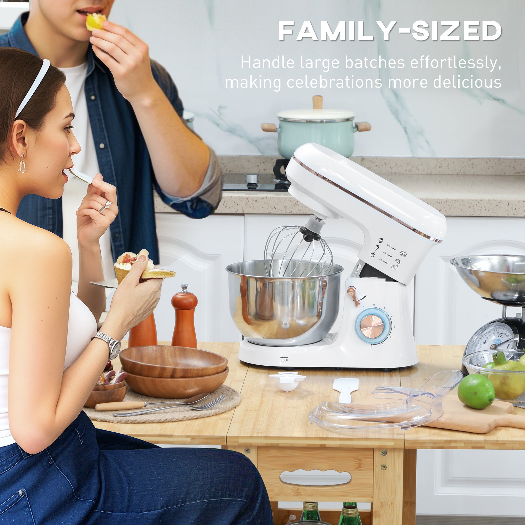 HOMCOM Stand Mixer, 5L Food Mixer for Baking, 6 Speeds and Pulse Setting, 1400W Cake Electric Kitchen Mixer with Dough Hook, Whisk, Stainless Steel Bowl, Splash Guard, Beater, White - North Peak Garden Furniture
