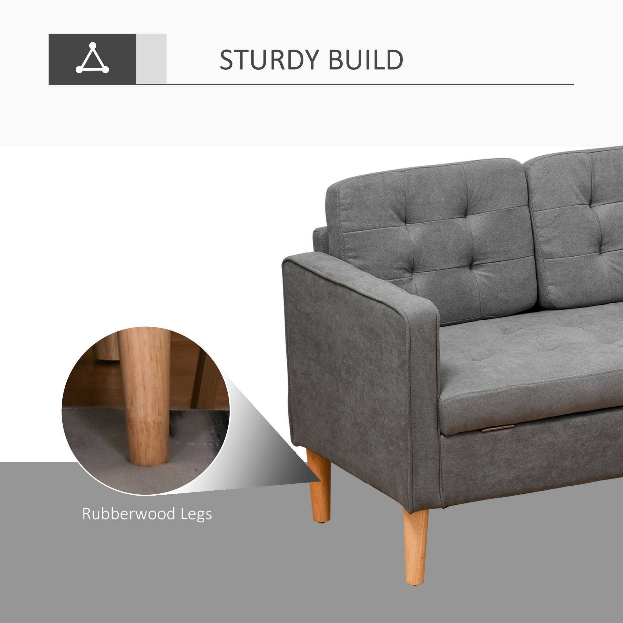 HOMCOM Modern 3 Seater Sofa with Hidden Storage, 169cm Tufted Cotton Couch with Wood Legs, Compact Sofa for Living Room, Grey - North Peak Garden Furniture