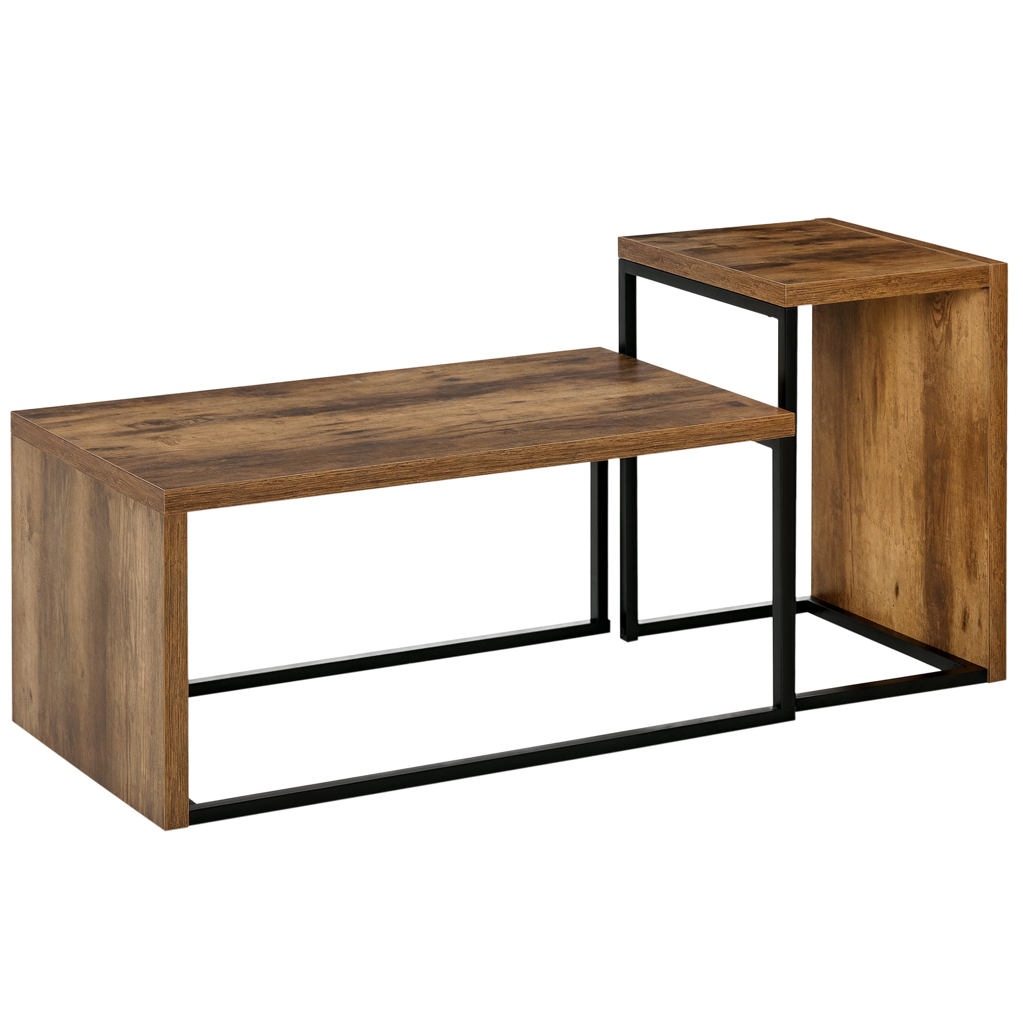 HOMCOM Coffee Tables Nesting Table Set of 2 Side Table w/ Metal Frame for Living Room Bedroom Black & Brown