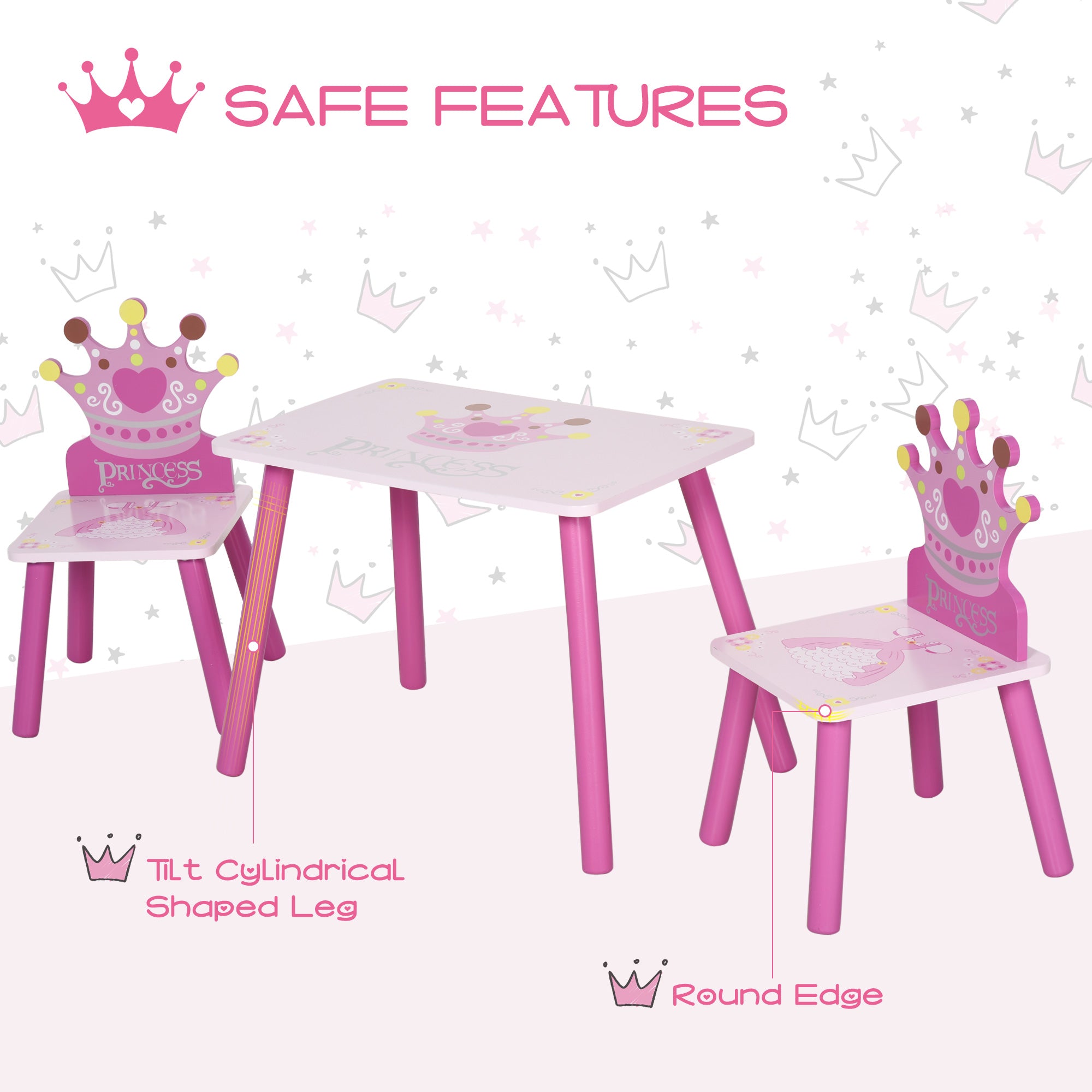 HOMCOM 3 Pcs Kids and Table Chair Set Princess & Crown Theme Home Furniture Pretty Gift 2-4 Years Pink - North Peak Garden Furniture