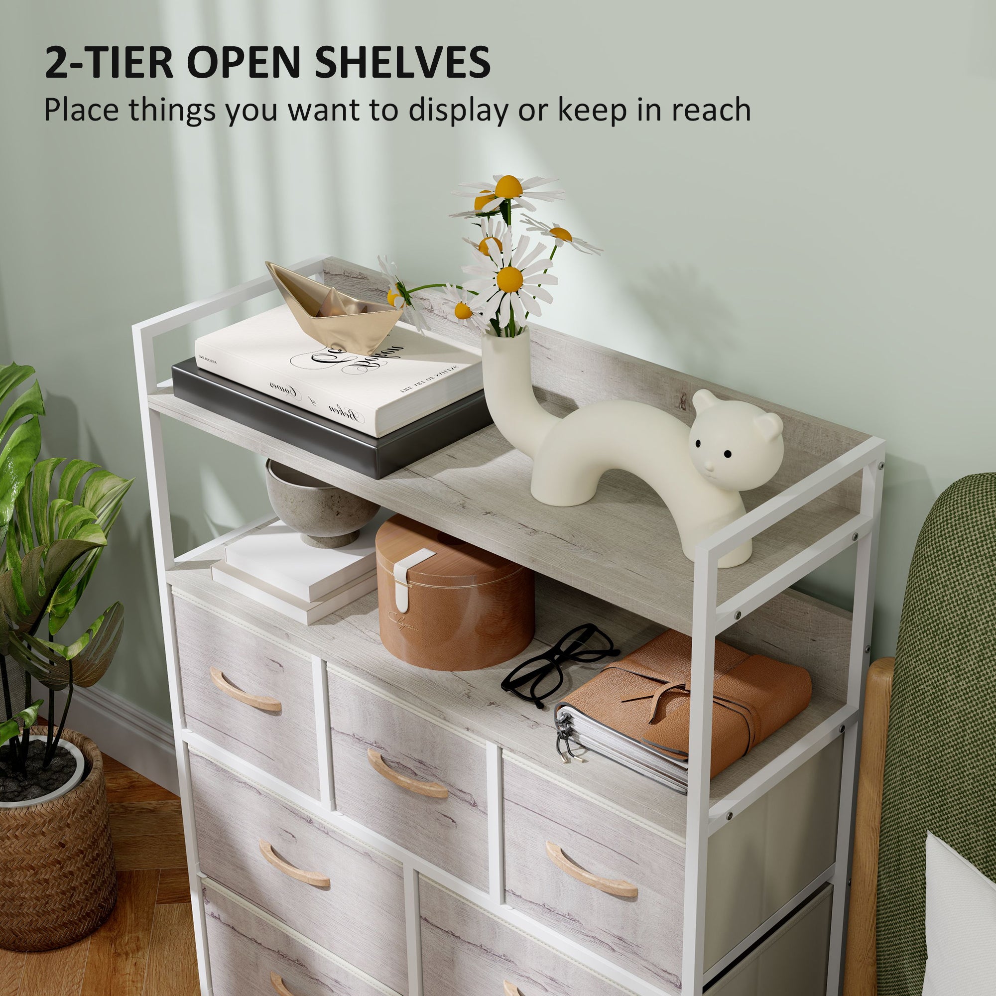 HOMCOM Rustic Chest of Seven Fabric Drawers - Natural Wood Finish - North Peak Garden Furniture