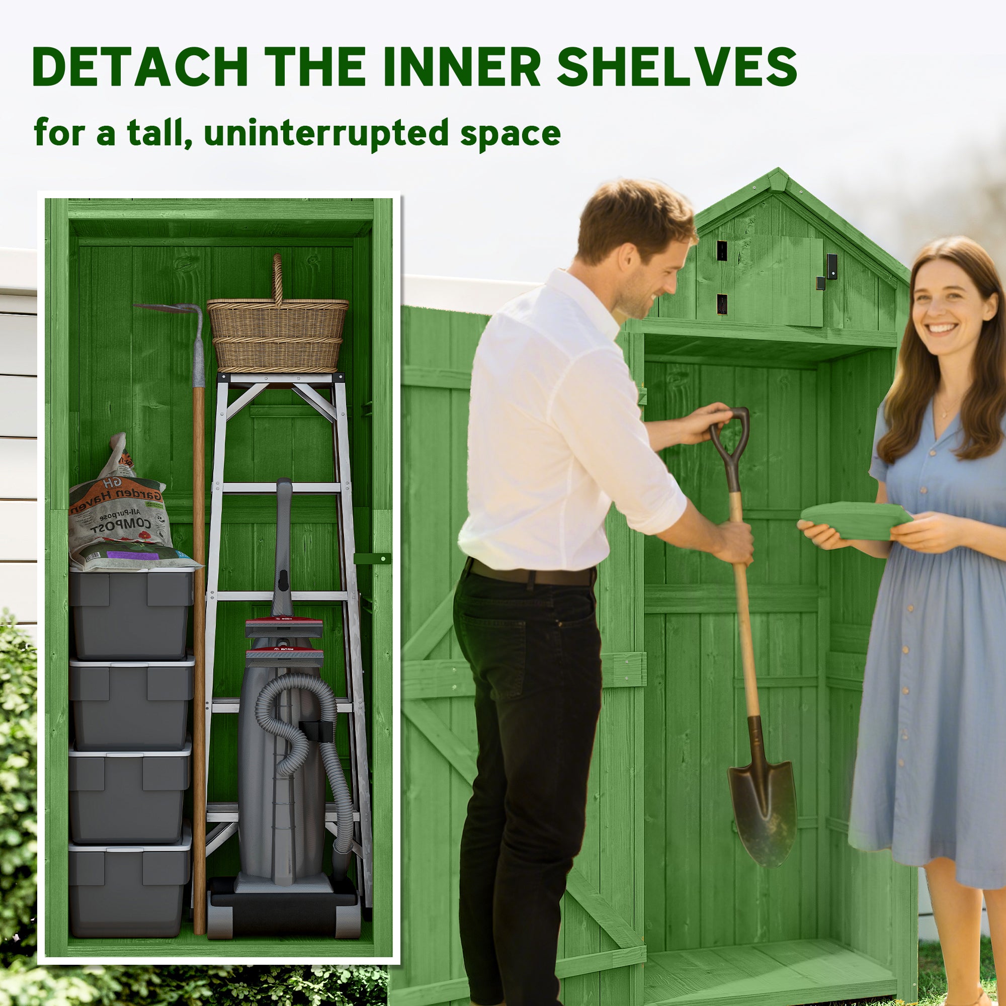 Outsunny Wooden Garden Shed, Utility Outdoor Small Shed with Lockable Double Doors, Shelves and Roof Hatch, Dark Green