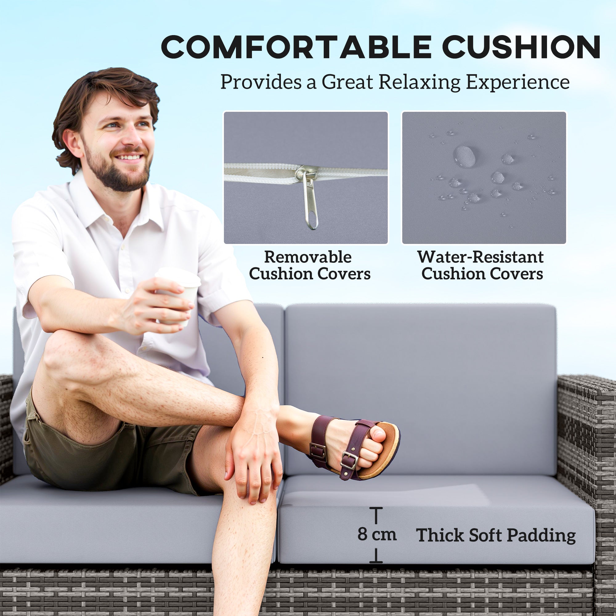Outsunny 2 Seater Garden Furniture, Rattan Sofa with Soft Padded Cushion and Armrests, Wicker Garden Loveseat for Patio, Mixed Grey