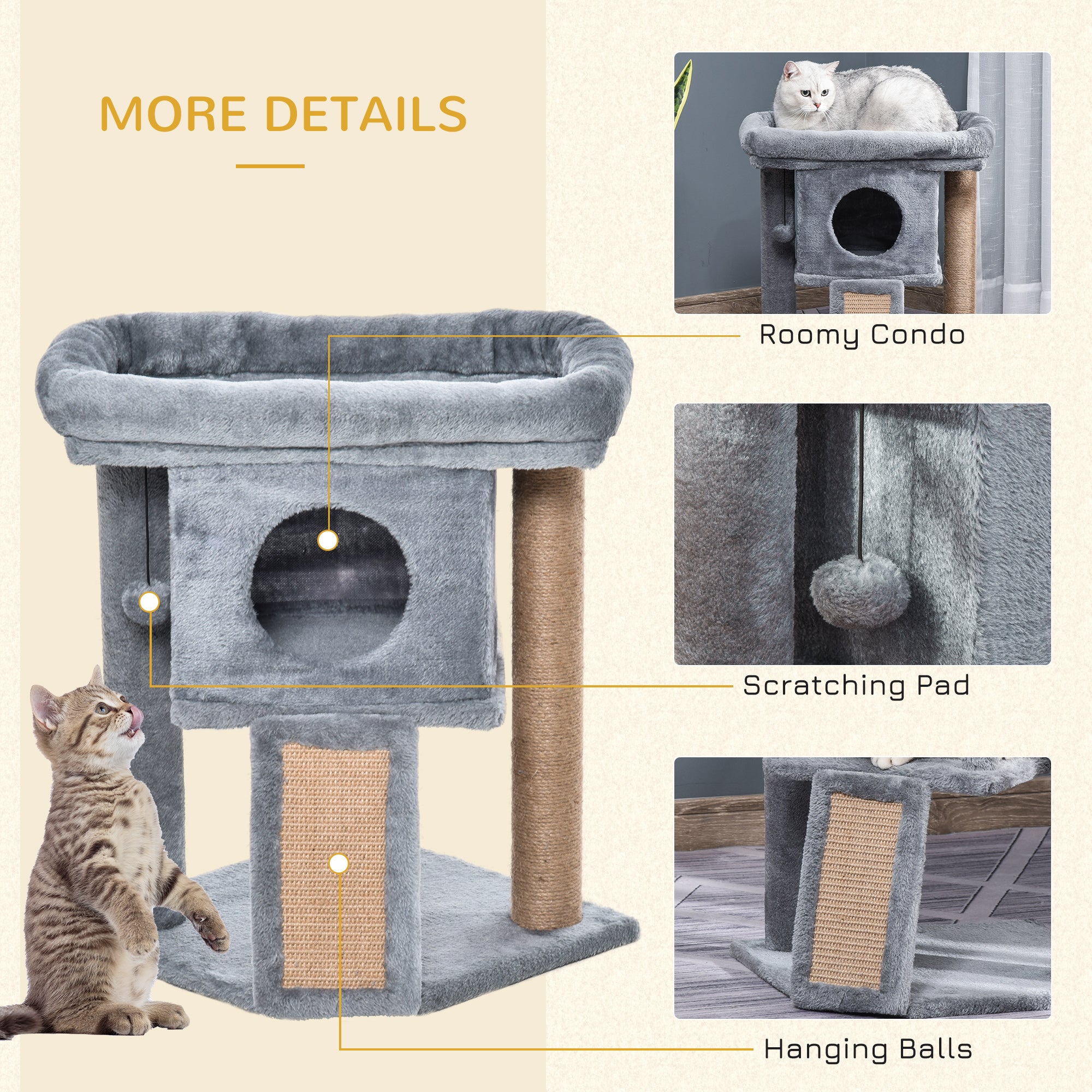 PawHut Cat Tree Tower for Indoor Cats Cat Scratching Post Climbing Activity Centre w/Jute Scratching Pad, Toy Ball, Cat House - Grey - North Peak Garden Furniture