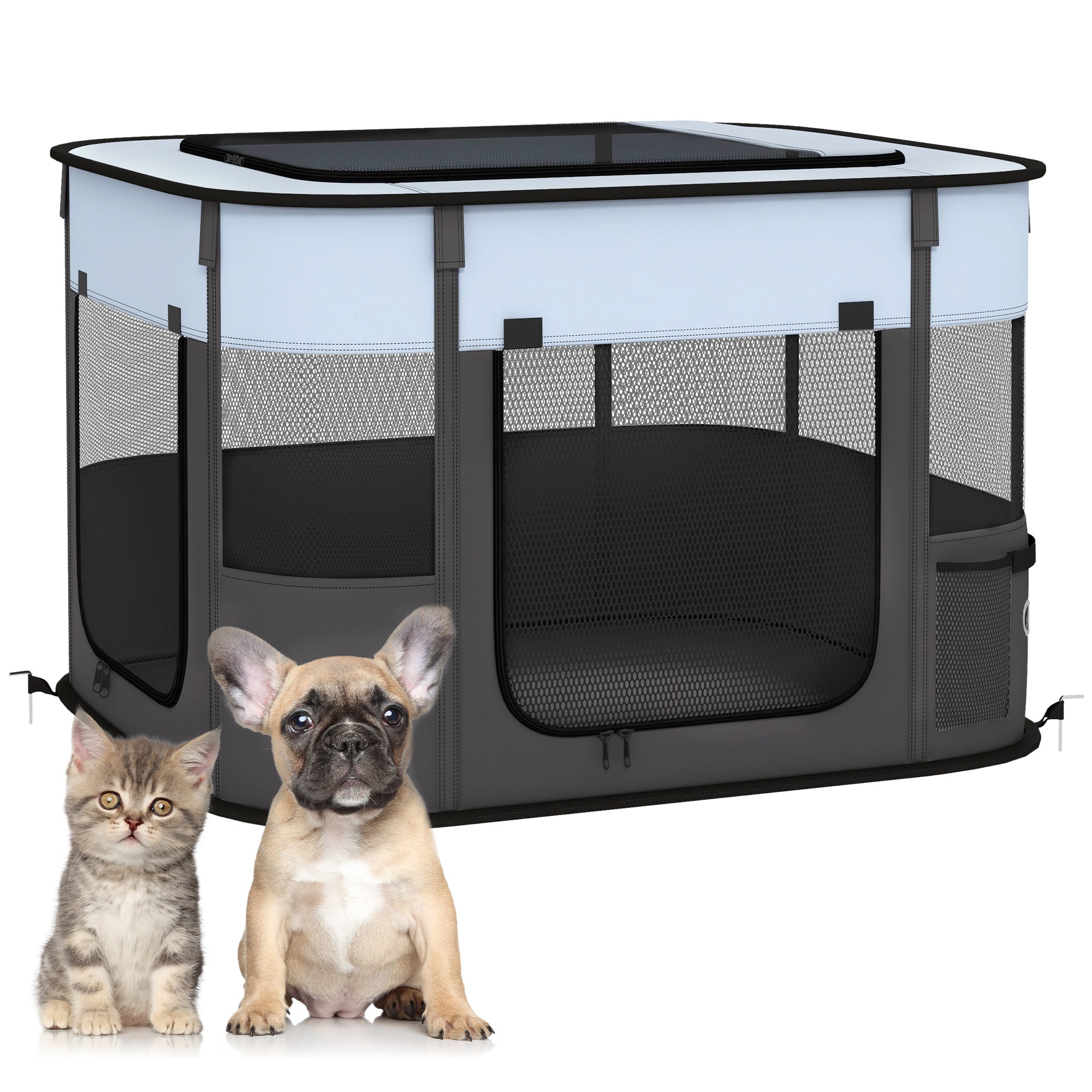 PawHut Foldable Dog Pen with Storage Bag for Indoor/Outdoor Use, Portable Pet playpen, with Ground Stakes - Grey - North Peak Garden Furniture
