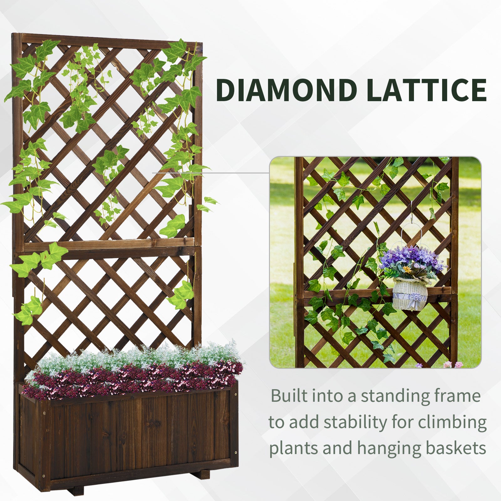 Outsunny 72.5 x 31.5 x 149.5 cm 45L Garden Wooden Pine Trough Planter with Topped Trellis Climbing Plants Flower Raised Bed, Carbonised Finish - North Peak Garden Furniture