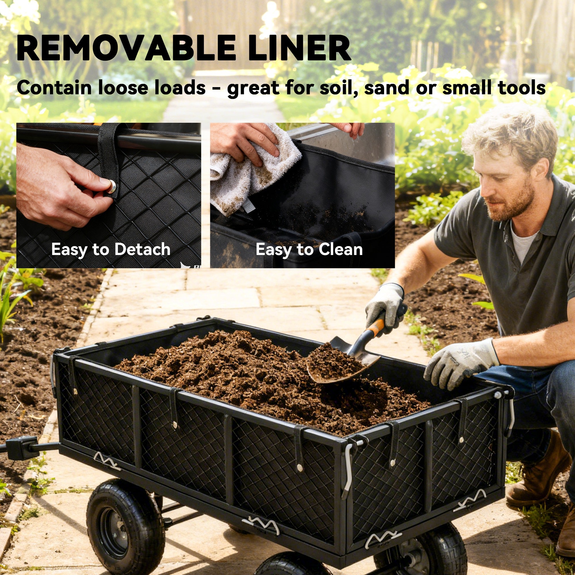 Outsunny 114L Steel Frame Garden Cart Trolley - Black