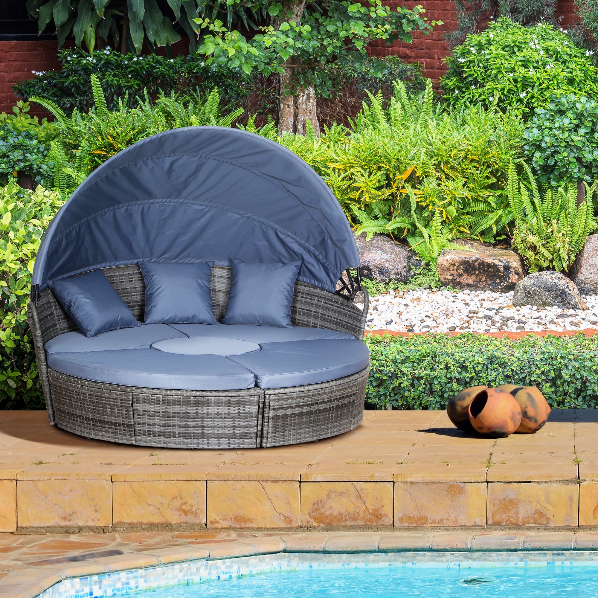 Outsunny PE Rattan Lounge Set, 5 Pieces Patio Conversation Furniture Set, Garden Round Sofa Bed with Cushion and Retractable Canopy, Grey - North Peak Garden Furniture