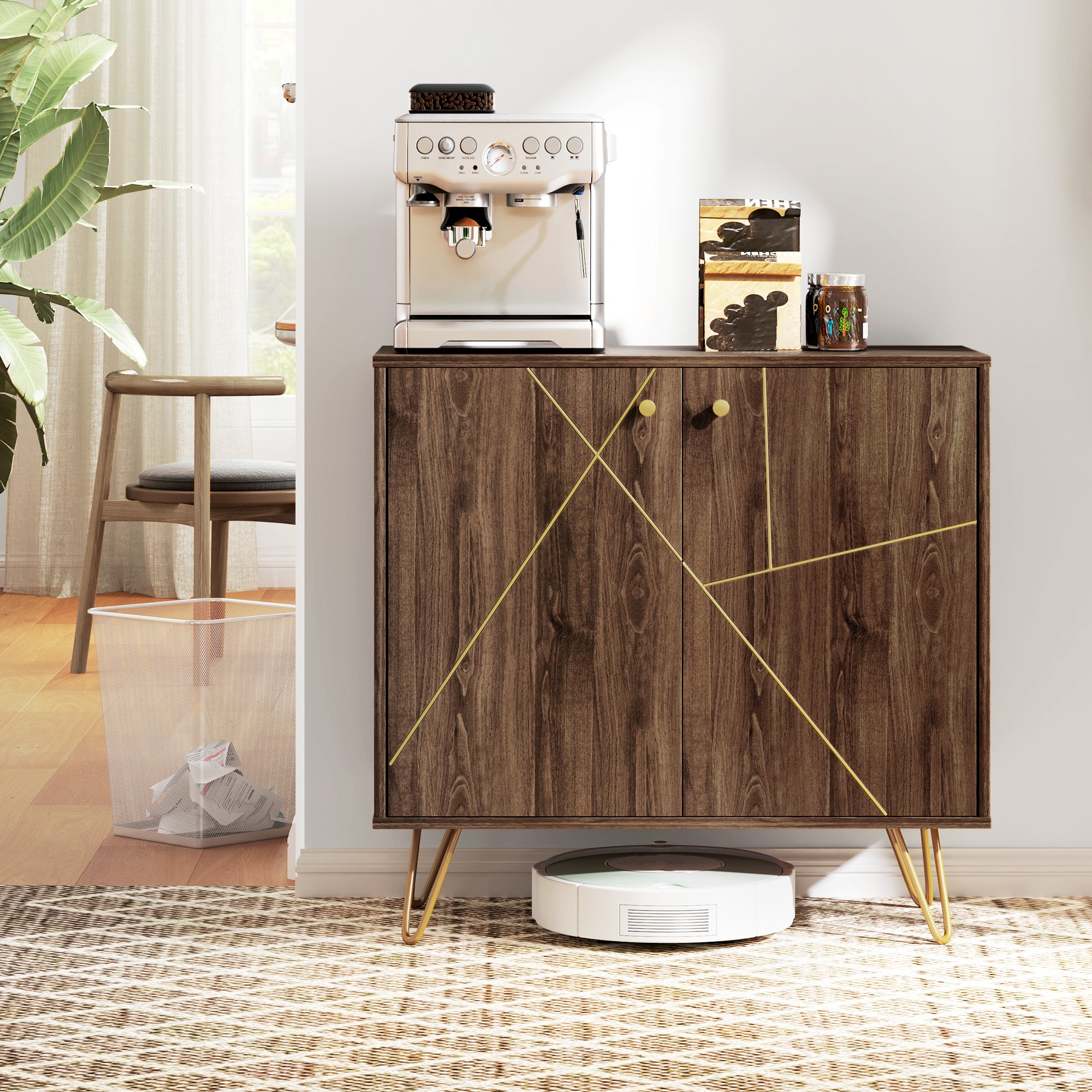 HOMCOM Sideboard Storage Cabinet with Golden Steel Lines, modern rustic Kitchen Buffet Cabinet with Adjustable Shelf Steel Legs for Living Room Dining Room, Brown - North Peak Garden Furniture