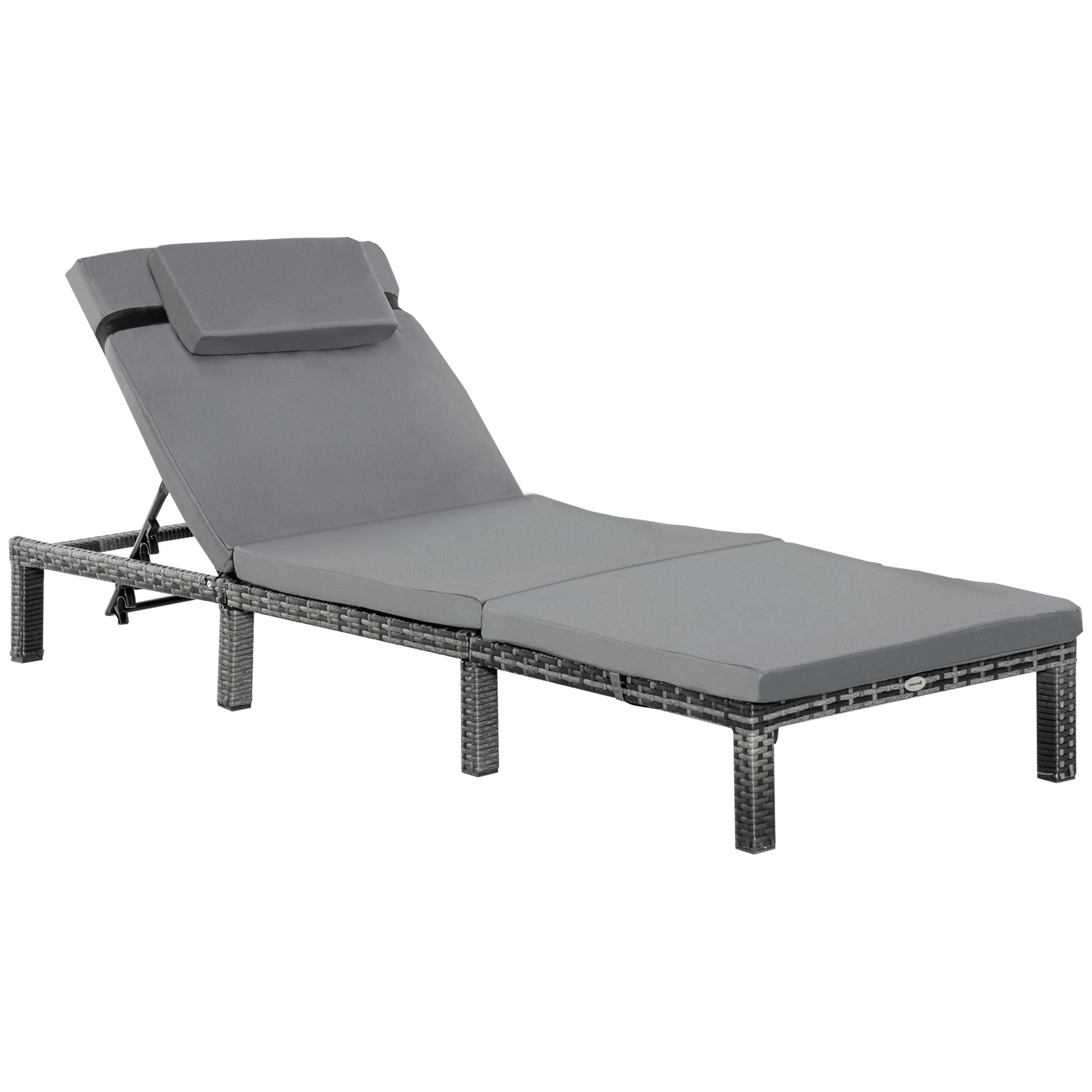 Outsunny PE Rattan Sun Lounger with Soft Padded Cushion, Patio 5-level Reclining Sun Lounger with Headrest, Grey - North Peak Garden Furniture