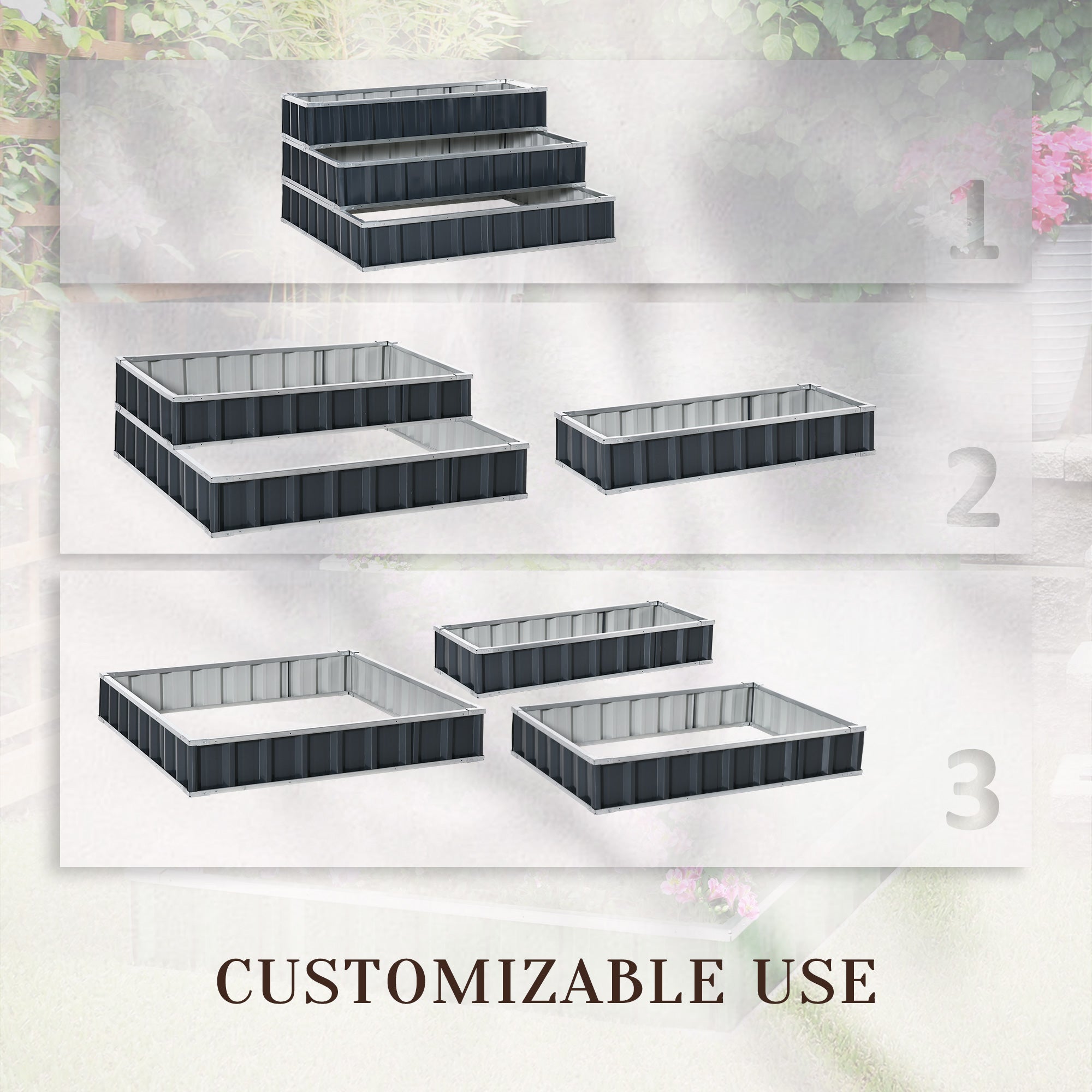 Outsunny 118cm x 118cm x 62cm 3 Tier Raised Garden Bed, Metal Elevated Planer Box Kit Flower Pot w/ A Pairs of Glove for Backyard, Patio to Grow Vegetables, Herbs, and Flowers, Grey