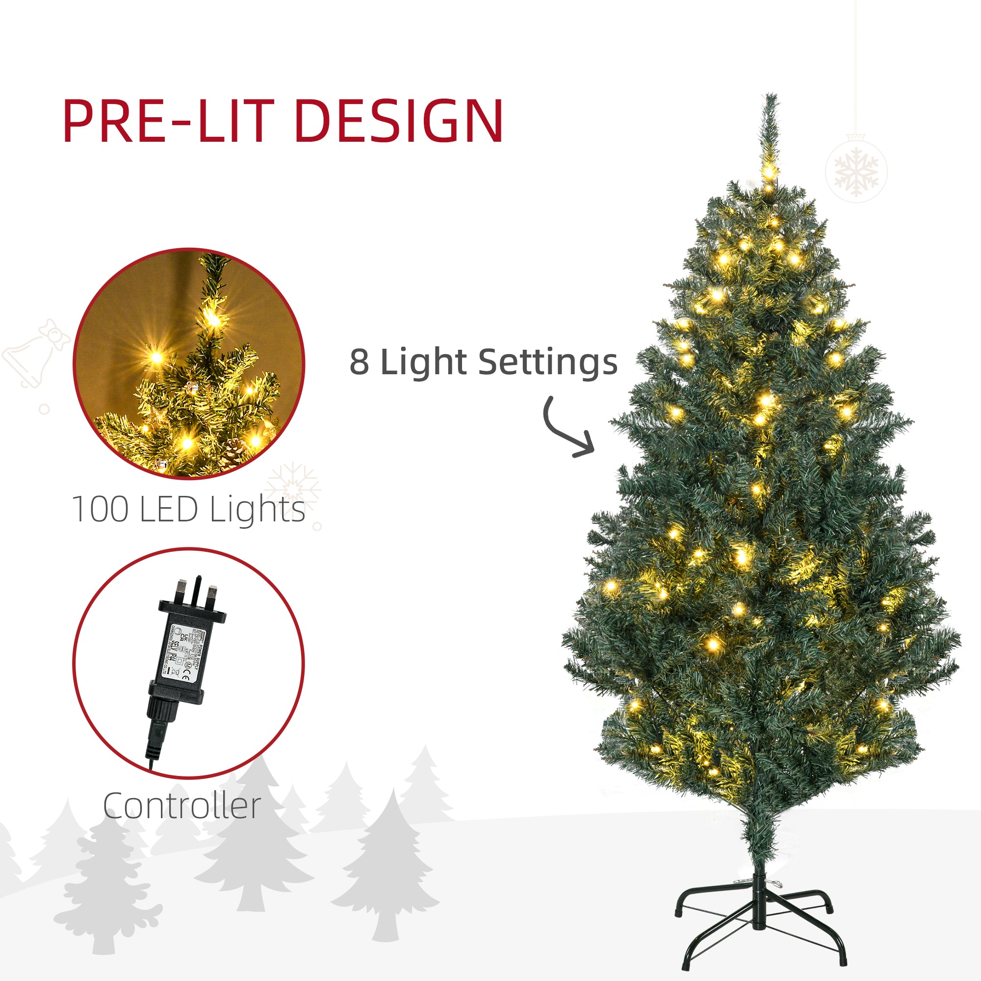 HOMCOM 5' Artificial Prelit Christmas Trees Holiday Décor with Warm White LED Lights, Decoration, Banner, Tag, Ball - North Peak Garden Furniture